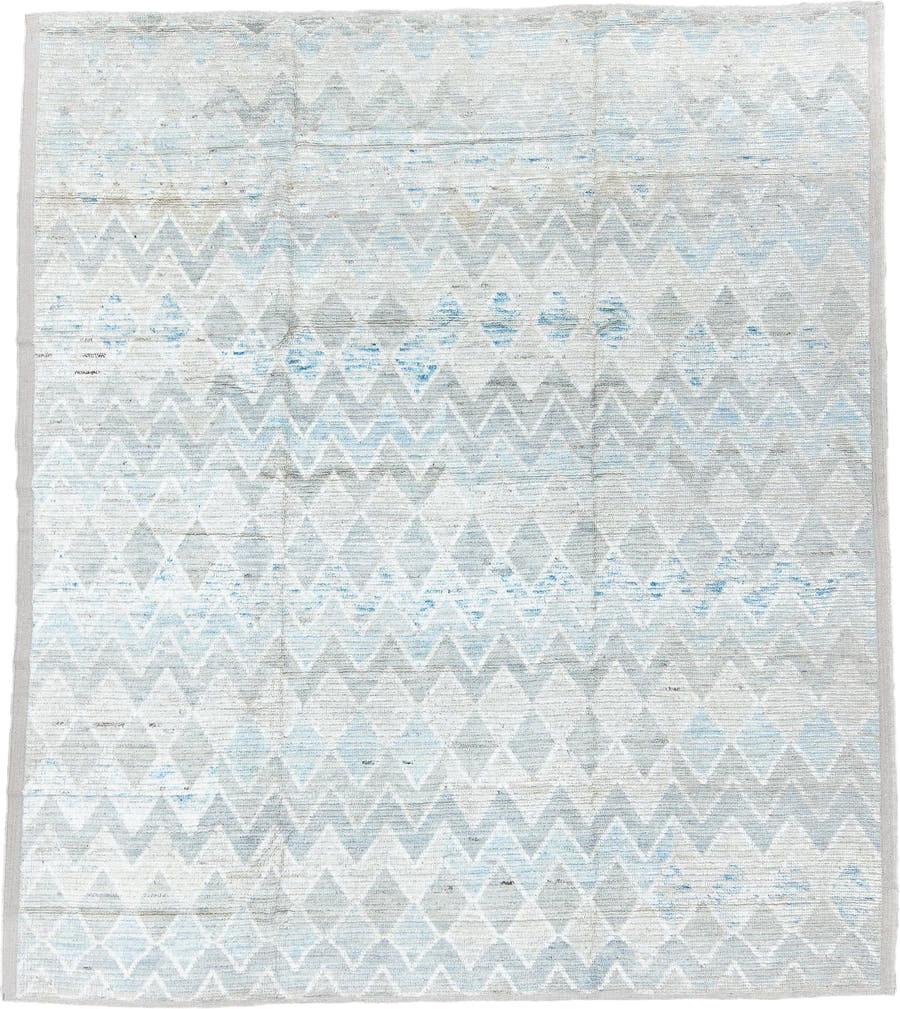 8' x 10' one-of-a-kind handmade vintage Tulu large size rug. Color palette: ivory, pale blue, light gray, cream, light blue