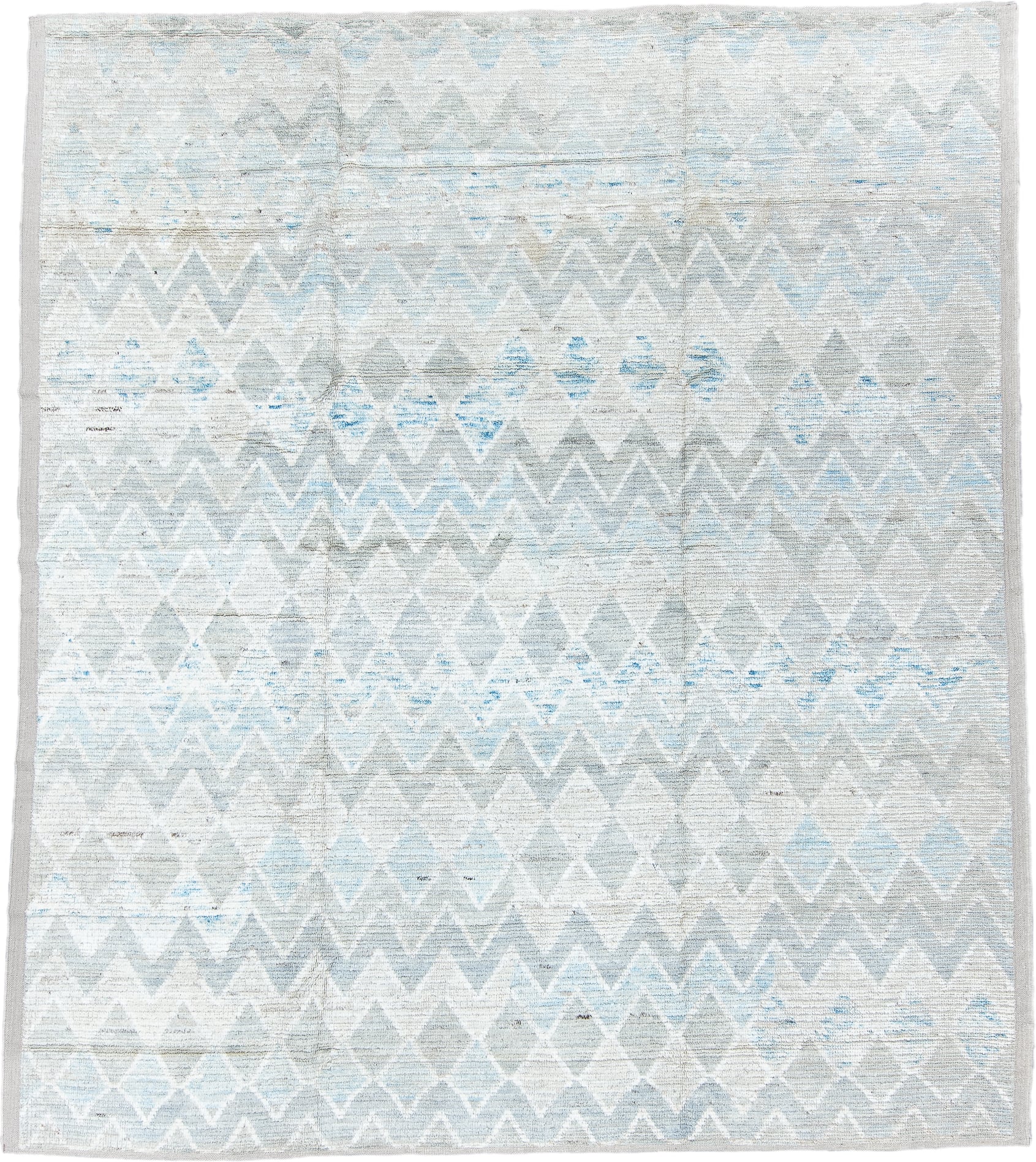 8' x 10' one-of-a-kind handmade vintage Tulu large size rug. Color palette: ivory, pale blue, light gray, cream, light blue