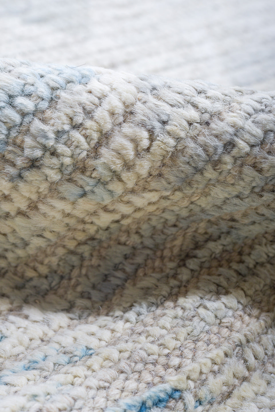8' x 10' one-of-a-kind handmade vintage Tulu large size rug. Color palette: ivory, pale blue, light gray, cream, light blue