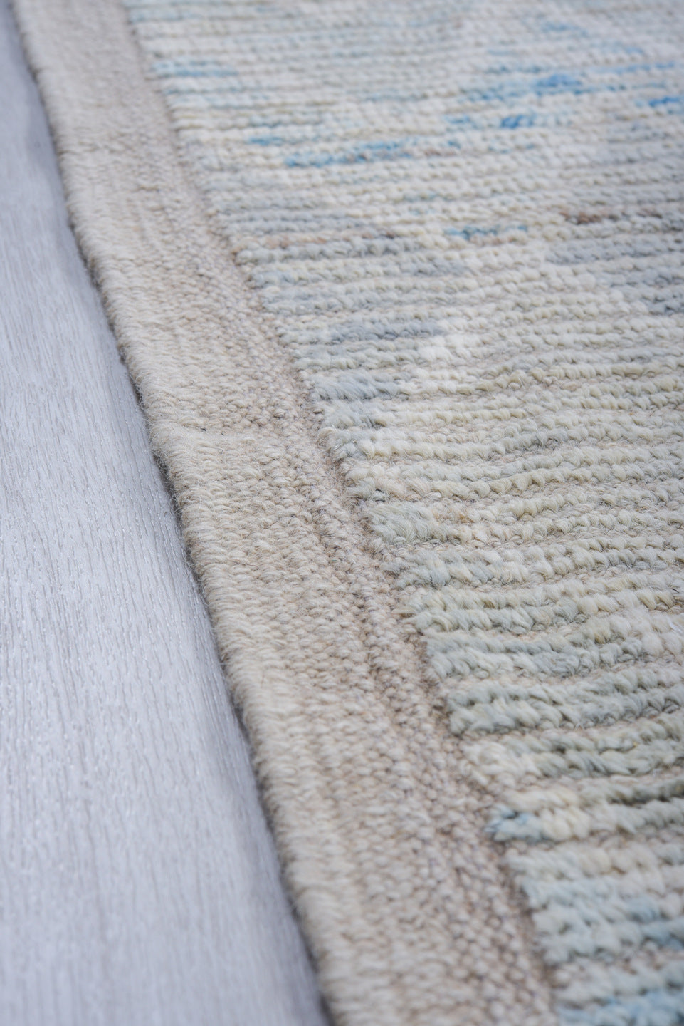 8' x 10' one-of-a-kind handmade vintage Tulu large size rug. Color palette: ivory, pale blue, light gray, cream, light blue