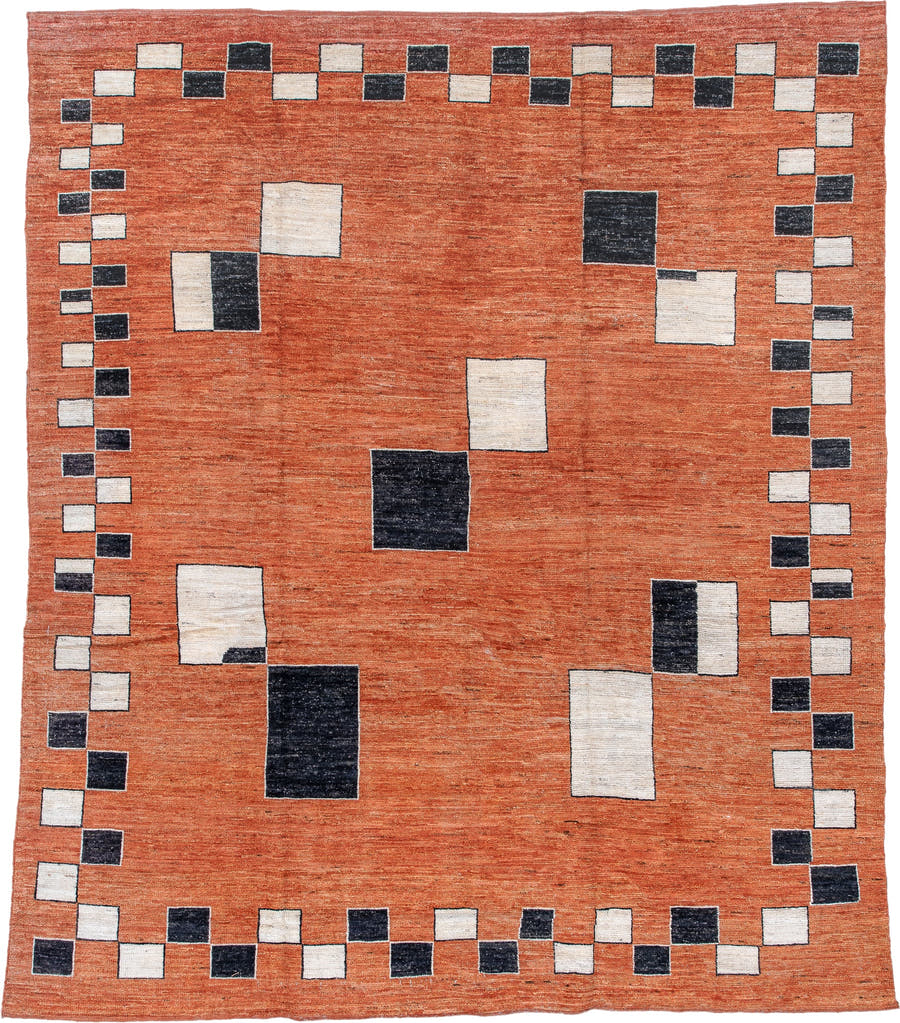 8' x 10' one-of-a-kind handmade vintage Tulu large size rug. Color palette: terra cotta, ivory, charcoal, rust, terracotta