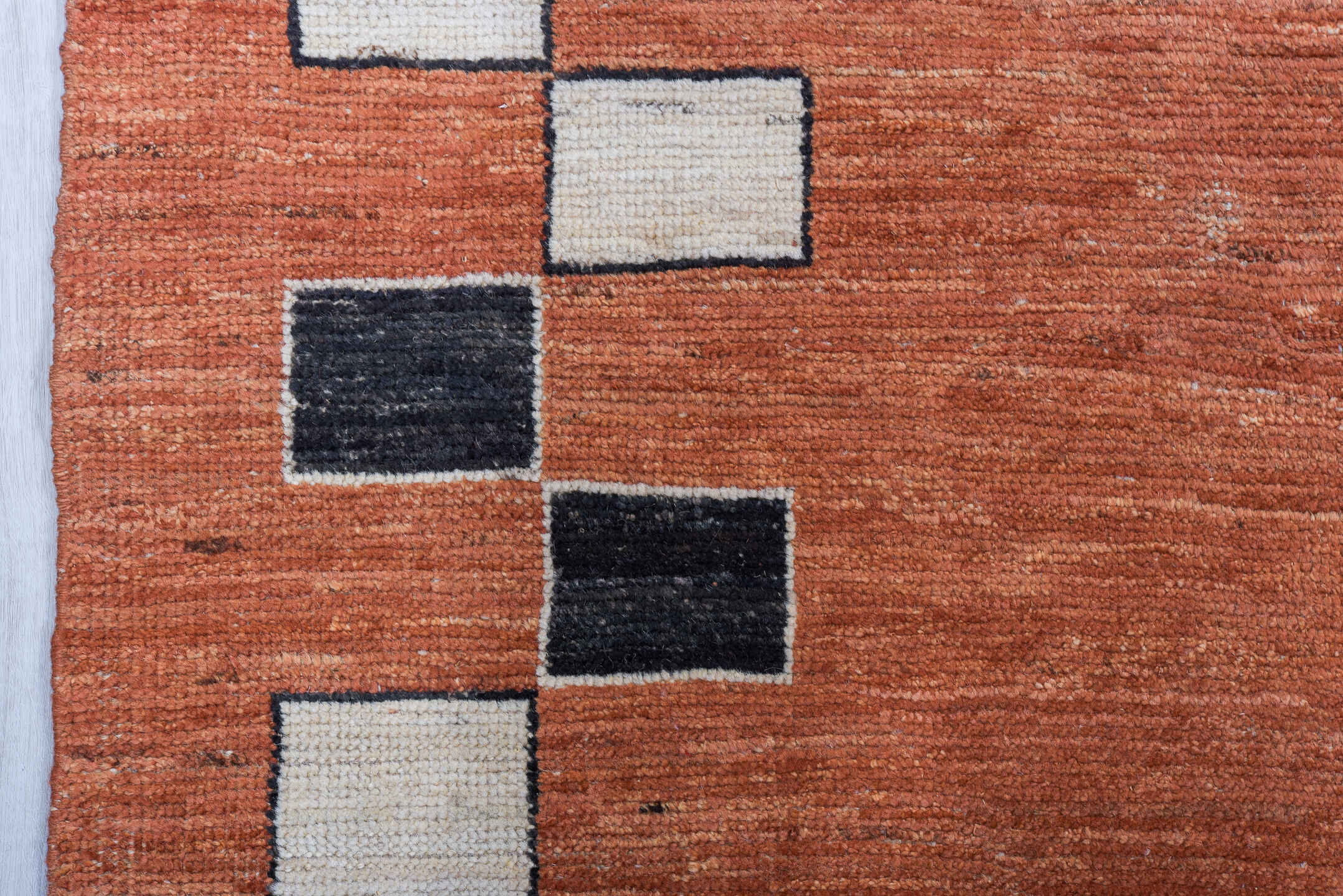 8' x 10' one-of-a-kind handmade vintage Tulu large size rug. Color palette: terra cotta, ivory, charcoal, rust, terracotta