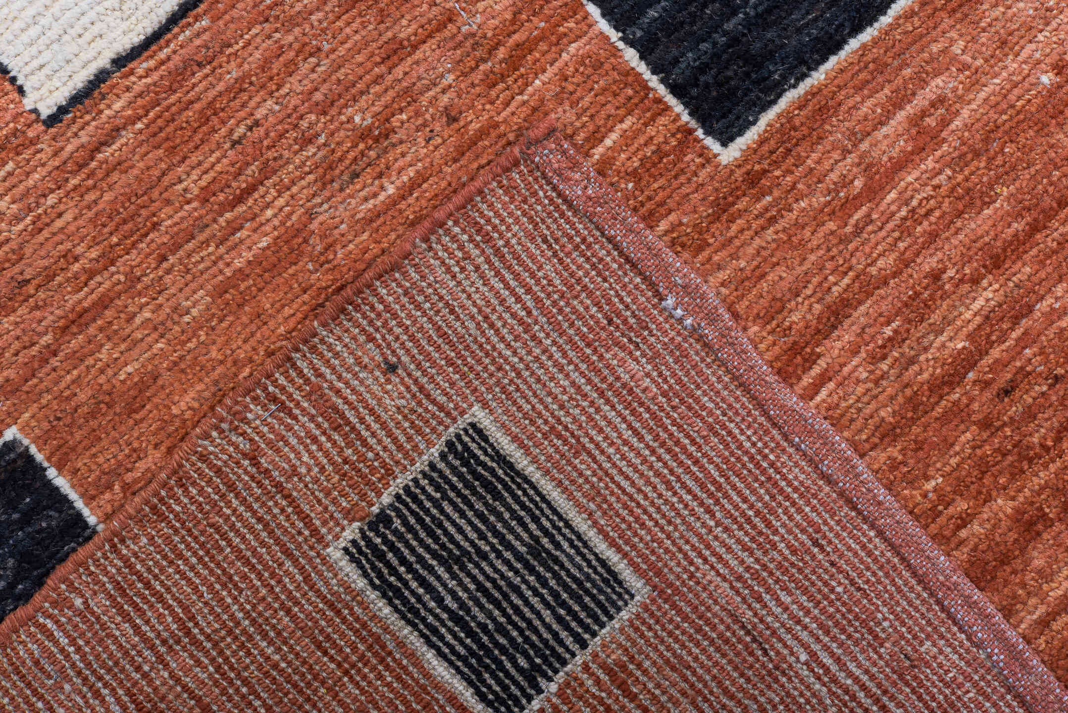 8' x 10' one-of-a-kind handmade vintage Tulu large size rug. Color palette: terra cotta, ivory, charcoal, rust, terracotta