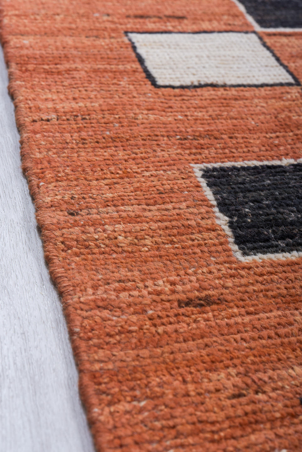 8' x 10' one-of-a-kind handmade vintage Tulu large size rug. Color palette: terra cotta, ivory, charcoal, rust, terracotta