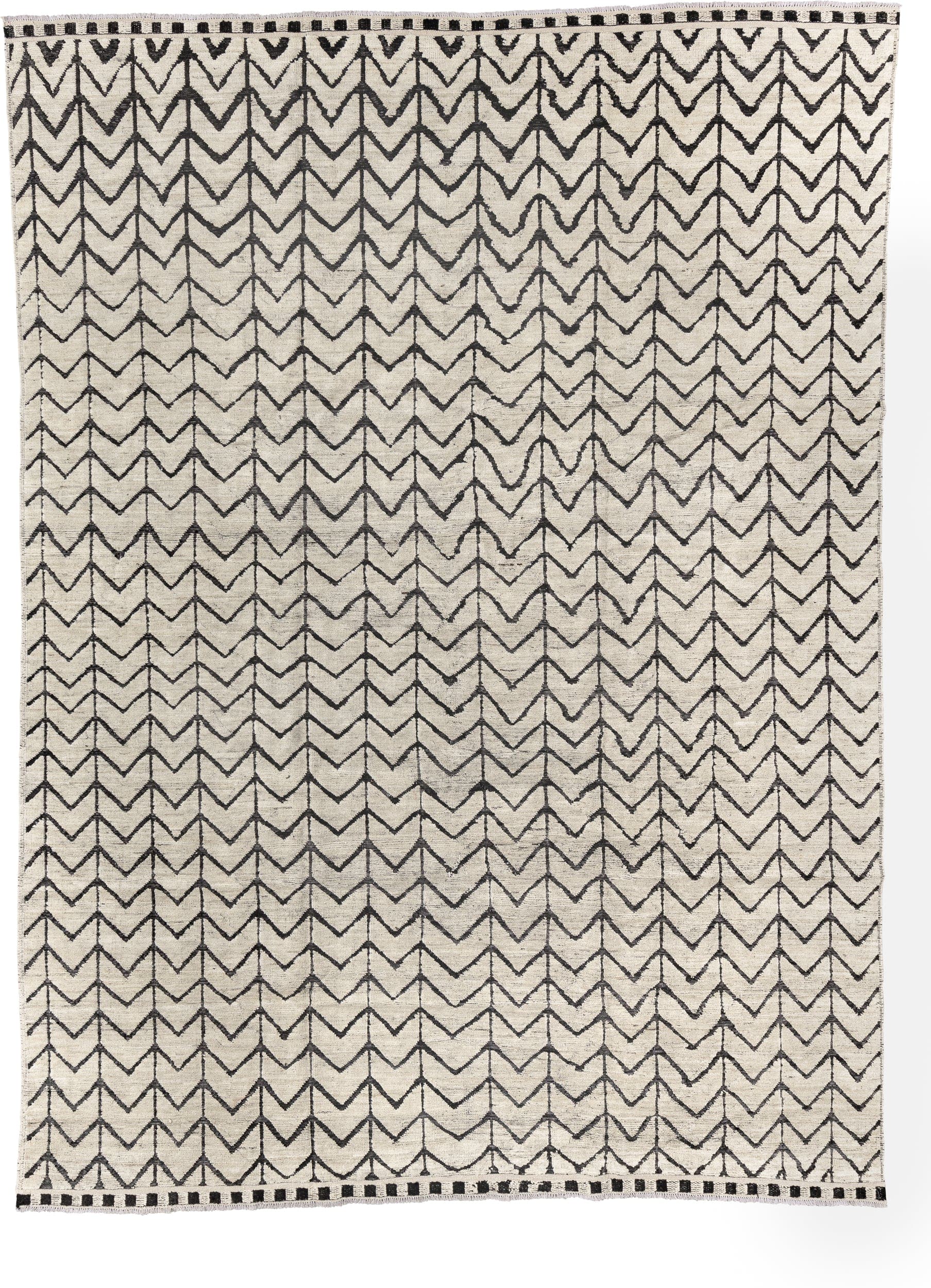 9' x 12' one-of-a-kind handmade vintage Tulu large size rug. Color palette: ivory, charcoal, gray, black