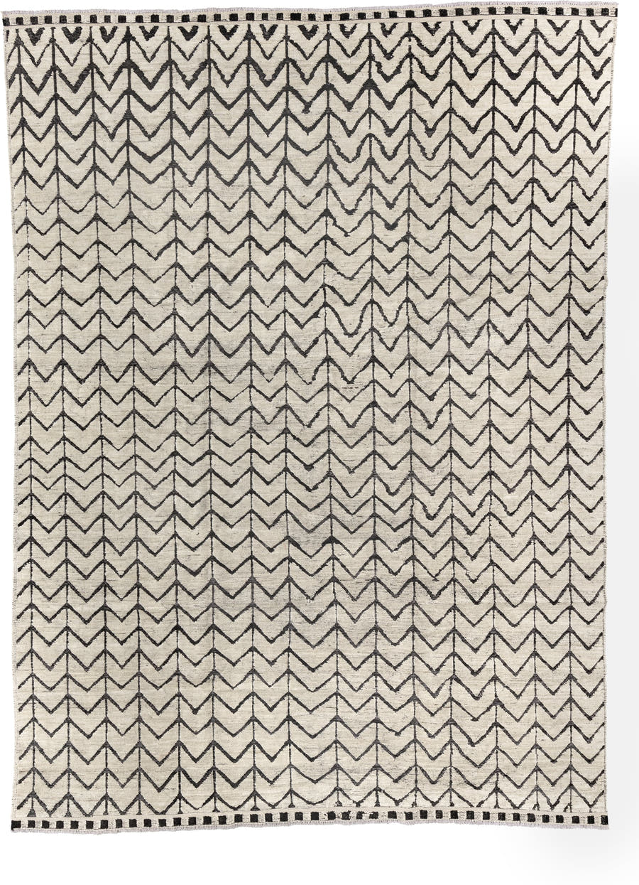 9' x 12' one-of-a-kind handmade vintage Tulu large size rug. Color palette: ivory, charcoal, gray, black