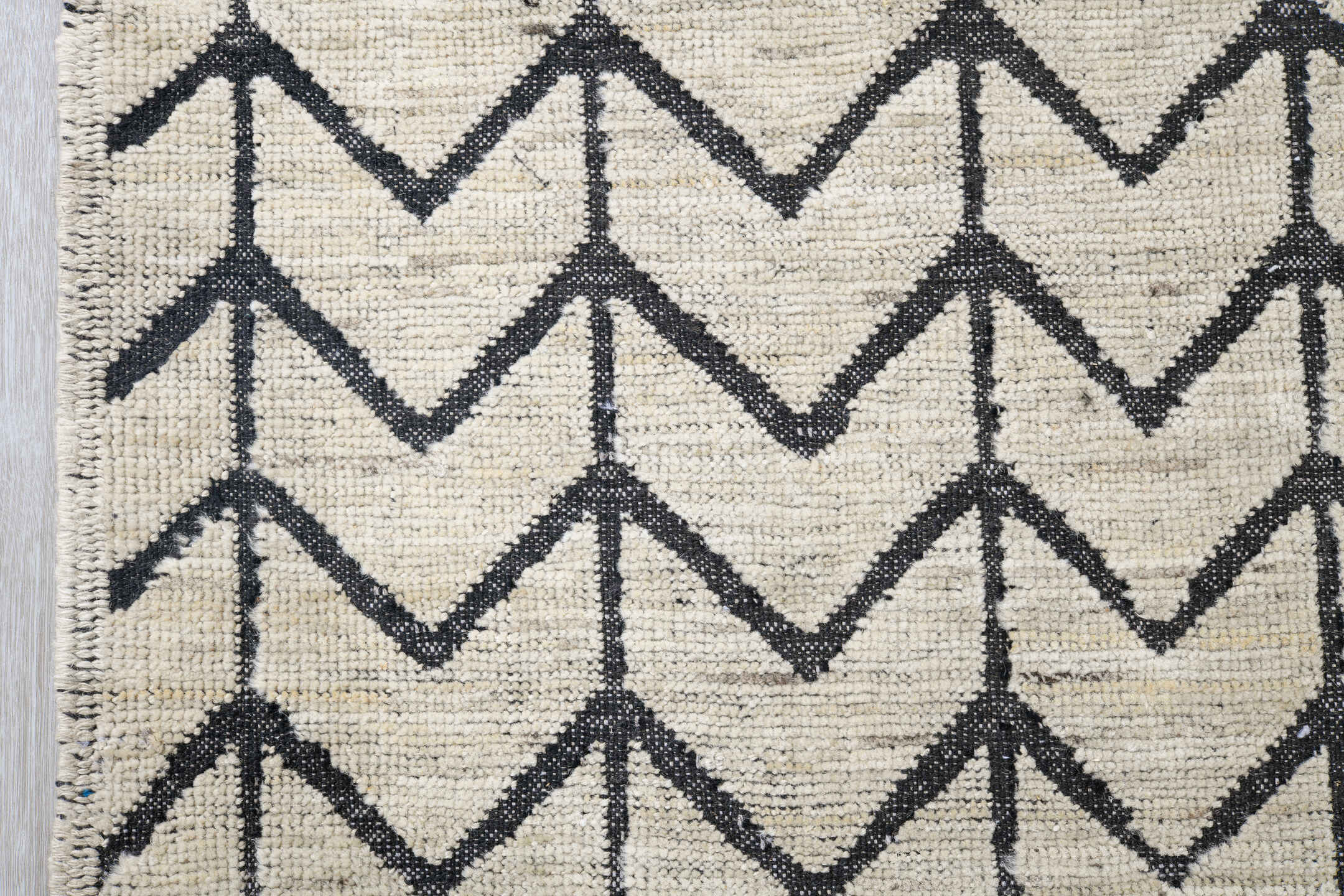 9' x 12' one-of-a-kind handmade vintage Tulu large size rug. Color palette: ivory, charcoal, gray, black