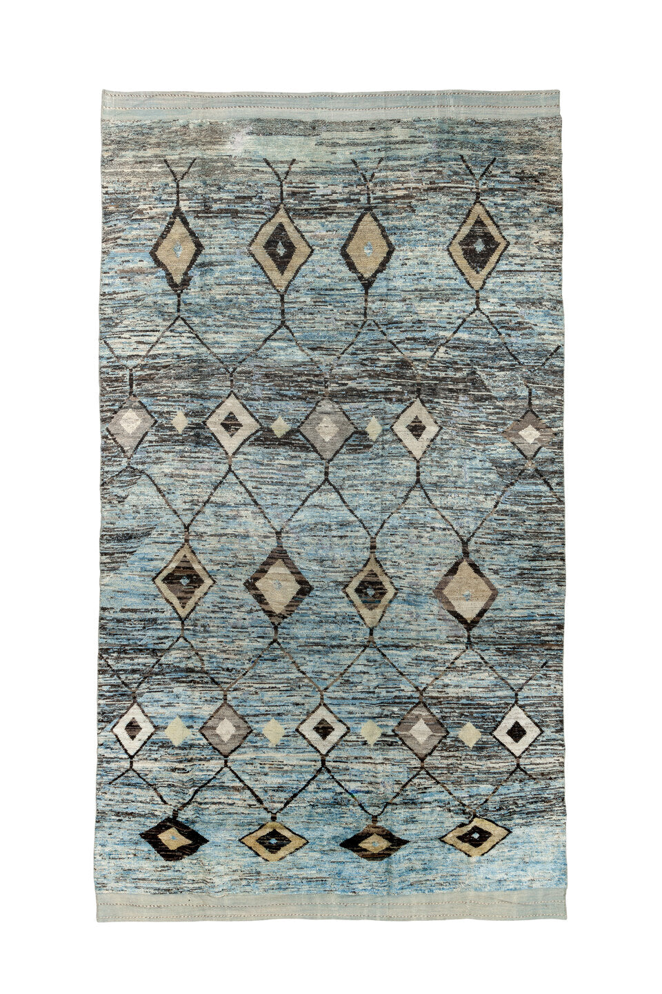 7' x 14' one-of-a-kind handmade vintage Tulu large size rug. Color palette: black, blue, brown, dark gray, gray, light gray