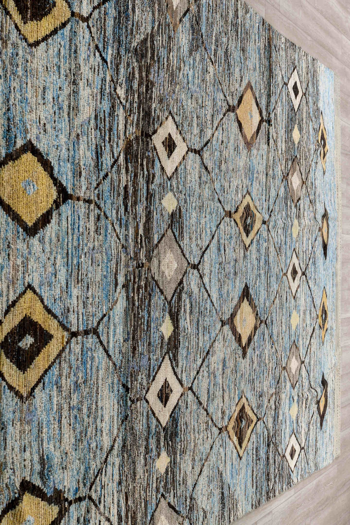 7' x 14' one-of-a-kind handmade vintage Tulu large size rug. Color palette: sky blue, charcoal, ivory, taupe, slate, cream