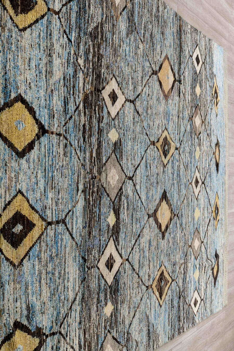 7' x 14' one-of-a-kind handmade vintage Tulu large size rug. Color palette: sky blue, charcoal, ivory, taupe, slate, cream