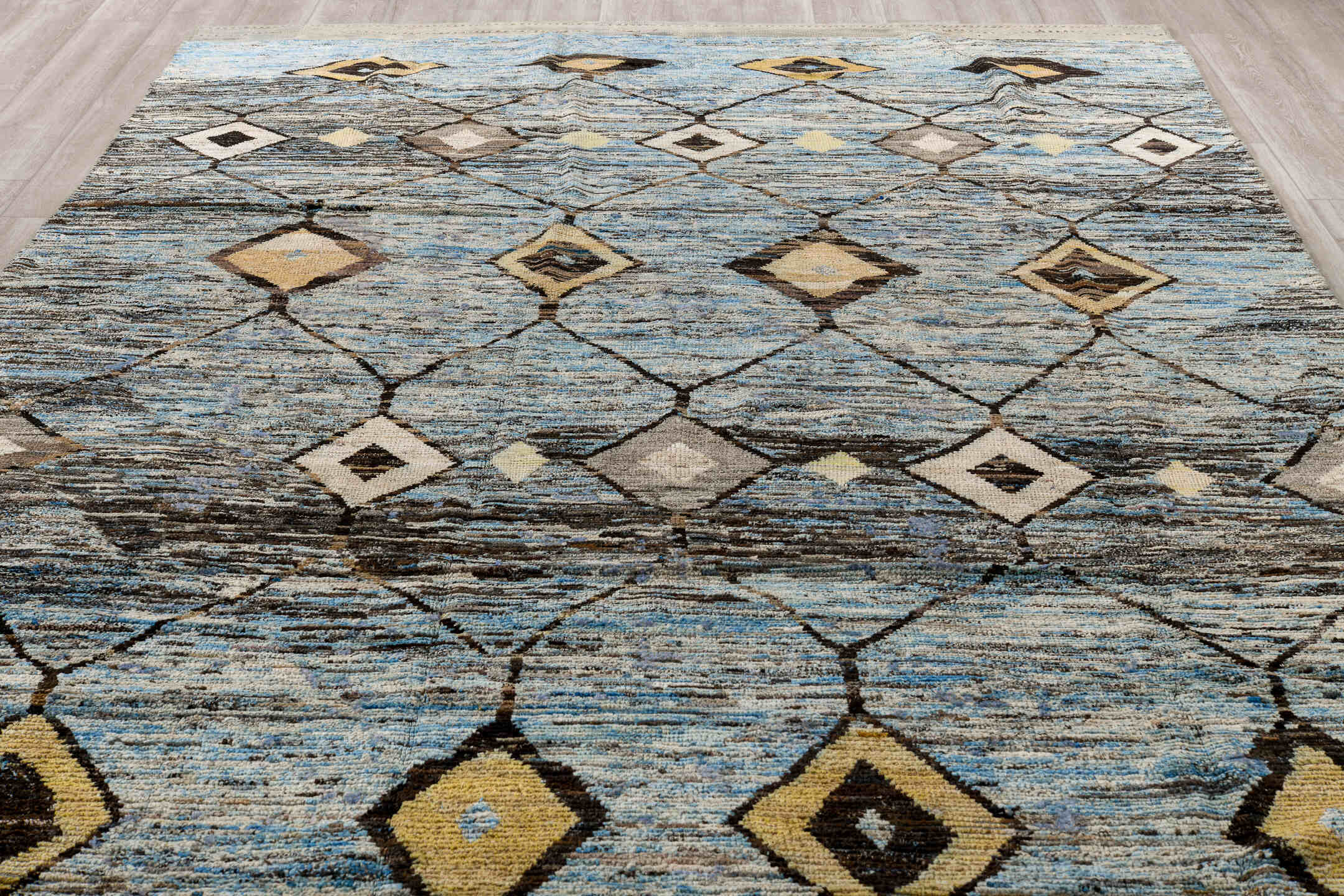 7' x 14' one-of-a-kind handmade vintage Tulu large size rug. Color palette: black, blue, brown, dark gray, gray, light gray