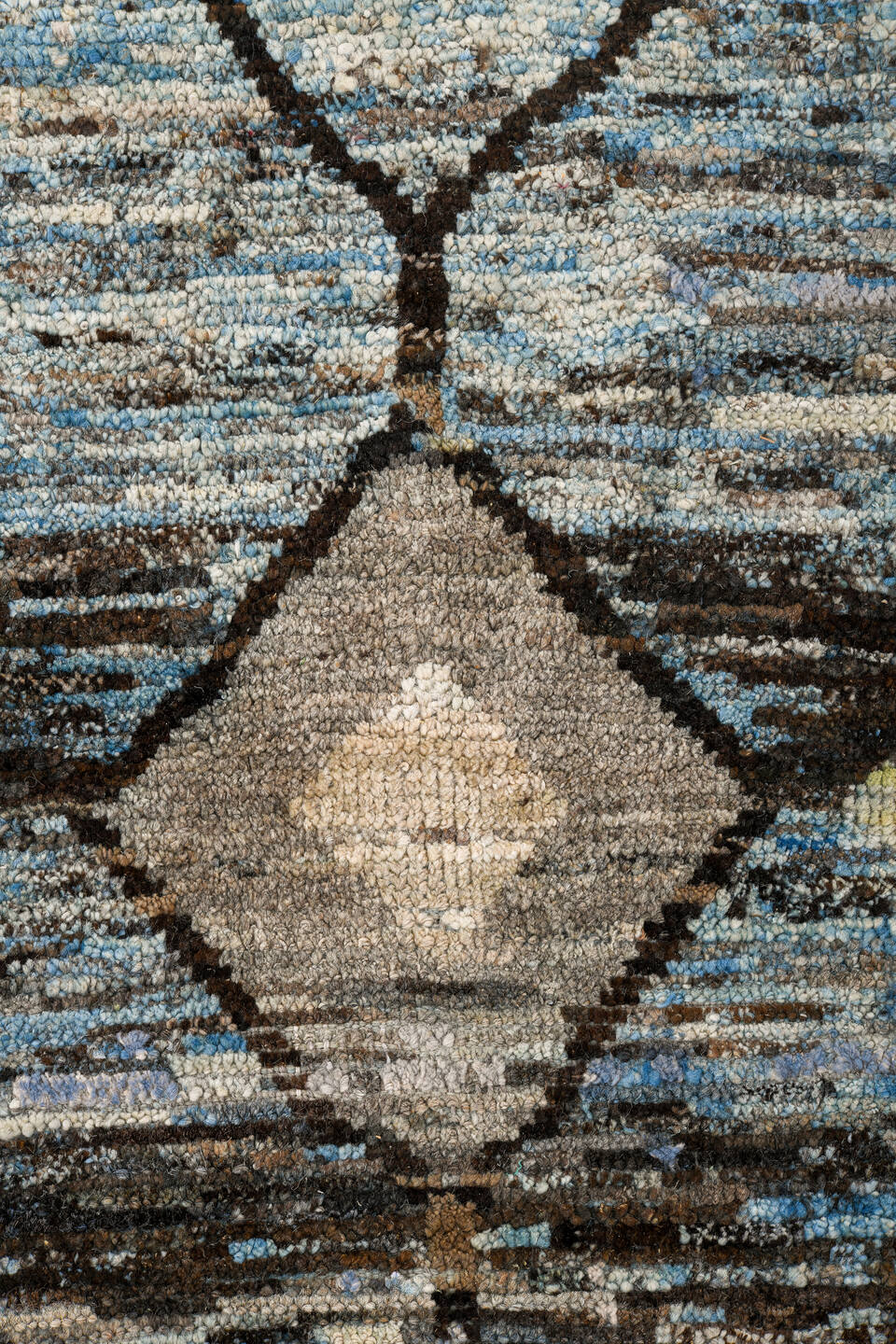 7' x 14' one-of-a-kind handmade vintage Tulu large size rug. Color palette: black, blue, brown, dark gray, gray, light gray