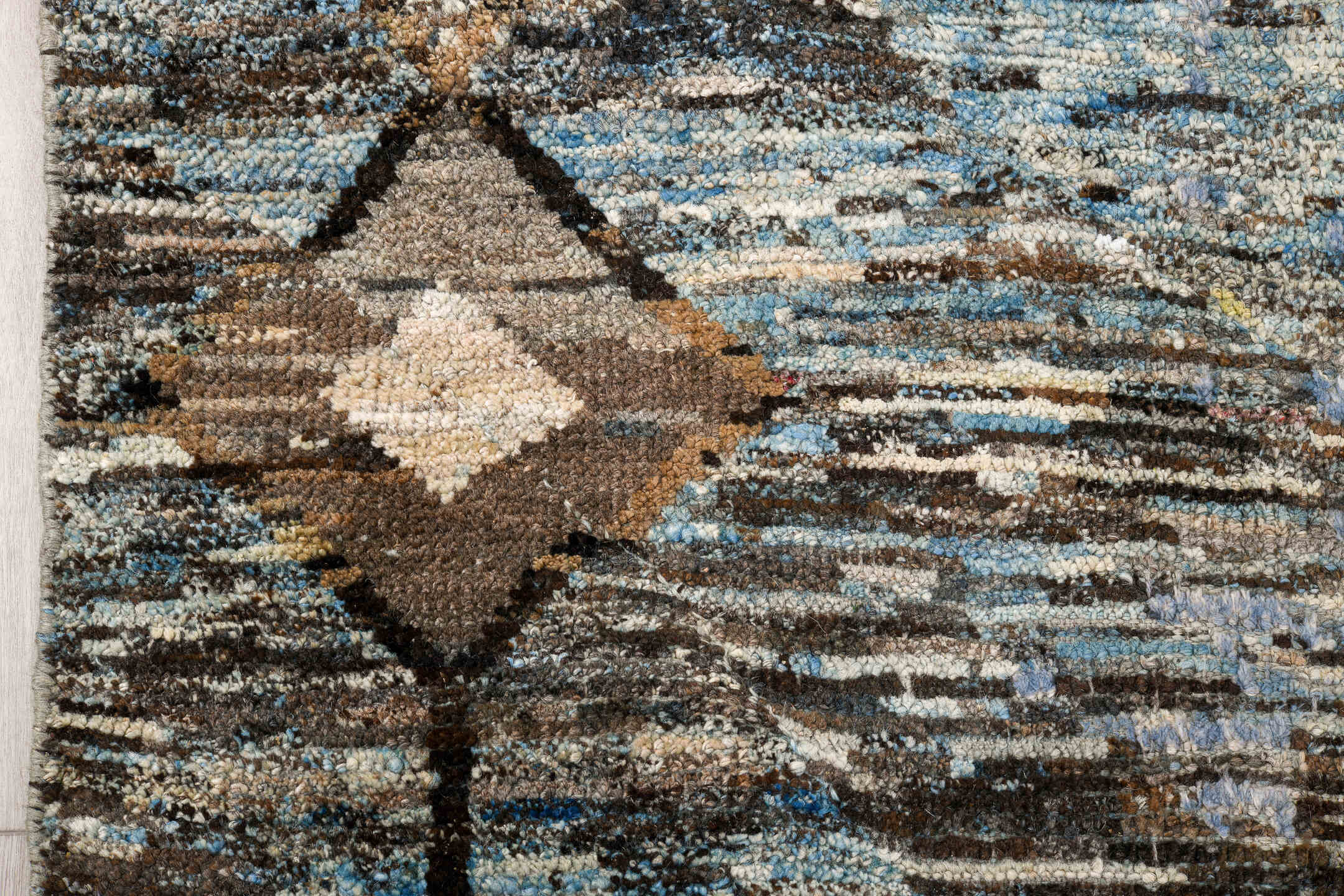 7' x 14' one-of-a-kind handmade vintage Tulu large size rug. Color palette: black, blue, brown, dark gray, gray, light gray