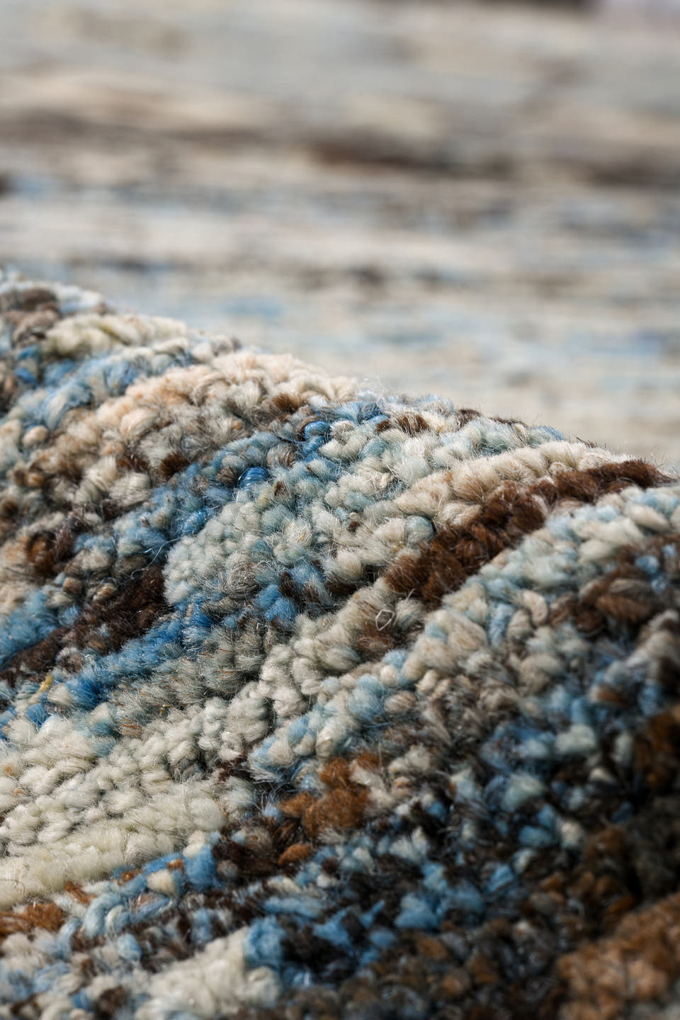 7' x 14' one-of-a-kind handmade vintage Tulu large size rug. Color palette: sky blue, charcoal, ivory, taupe, slate, cream