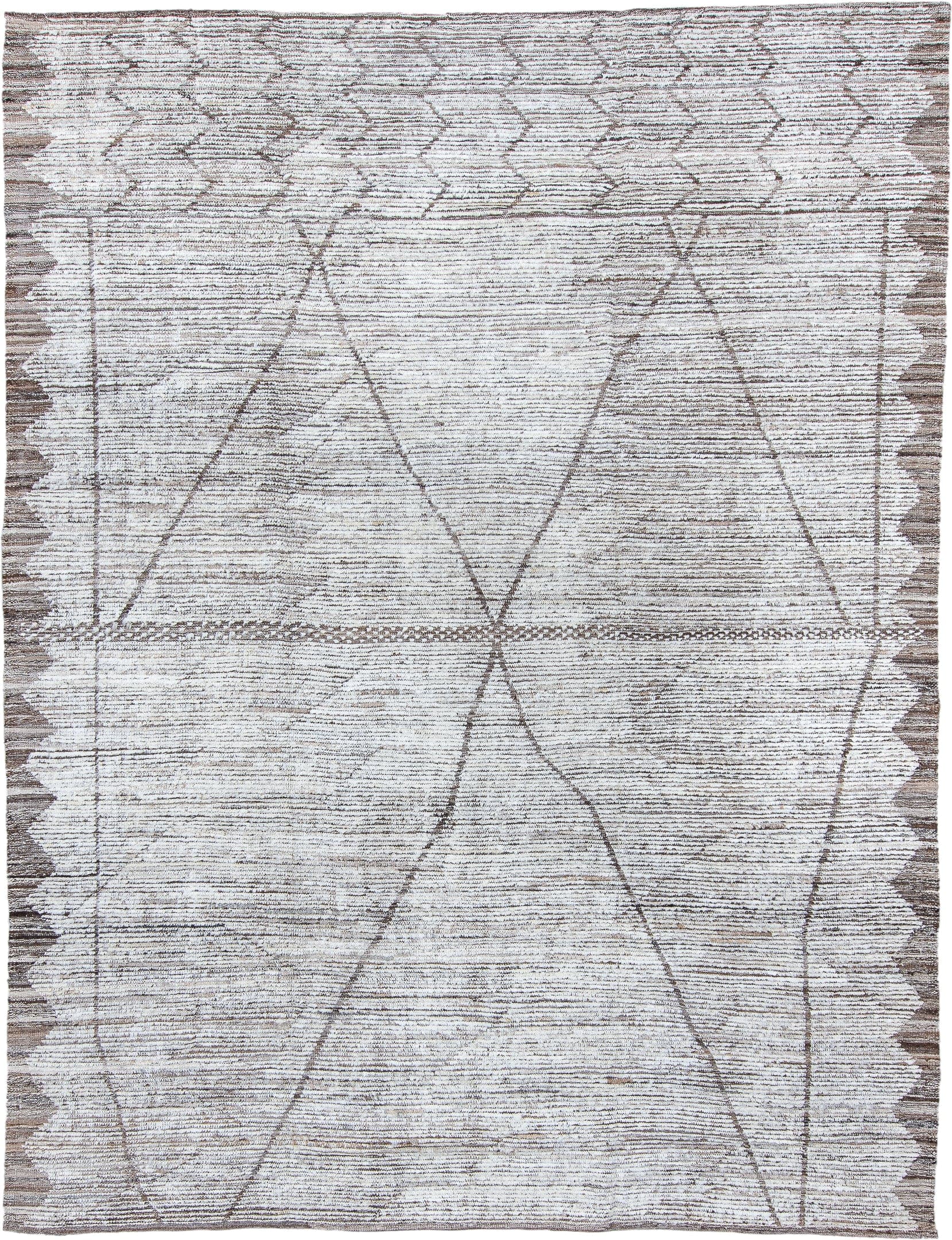 9' x 12' one-of-a-kind handmade vintage Tulu large size rug. Color palette: ivory, taupe, brown, cream, beige, gray
