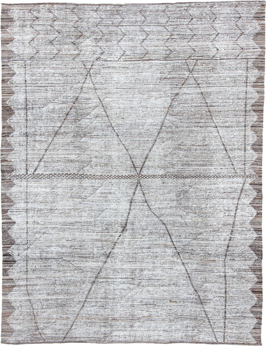 9' x 12' one-of-a-kind handmade vintage Tulu large size rug. Color palette: ivory, taupe, brown, cream, beige, gray