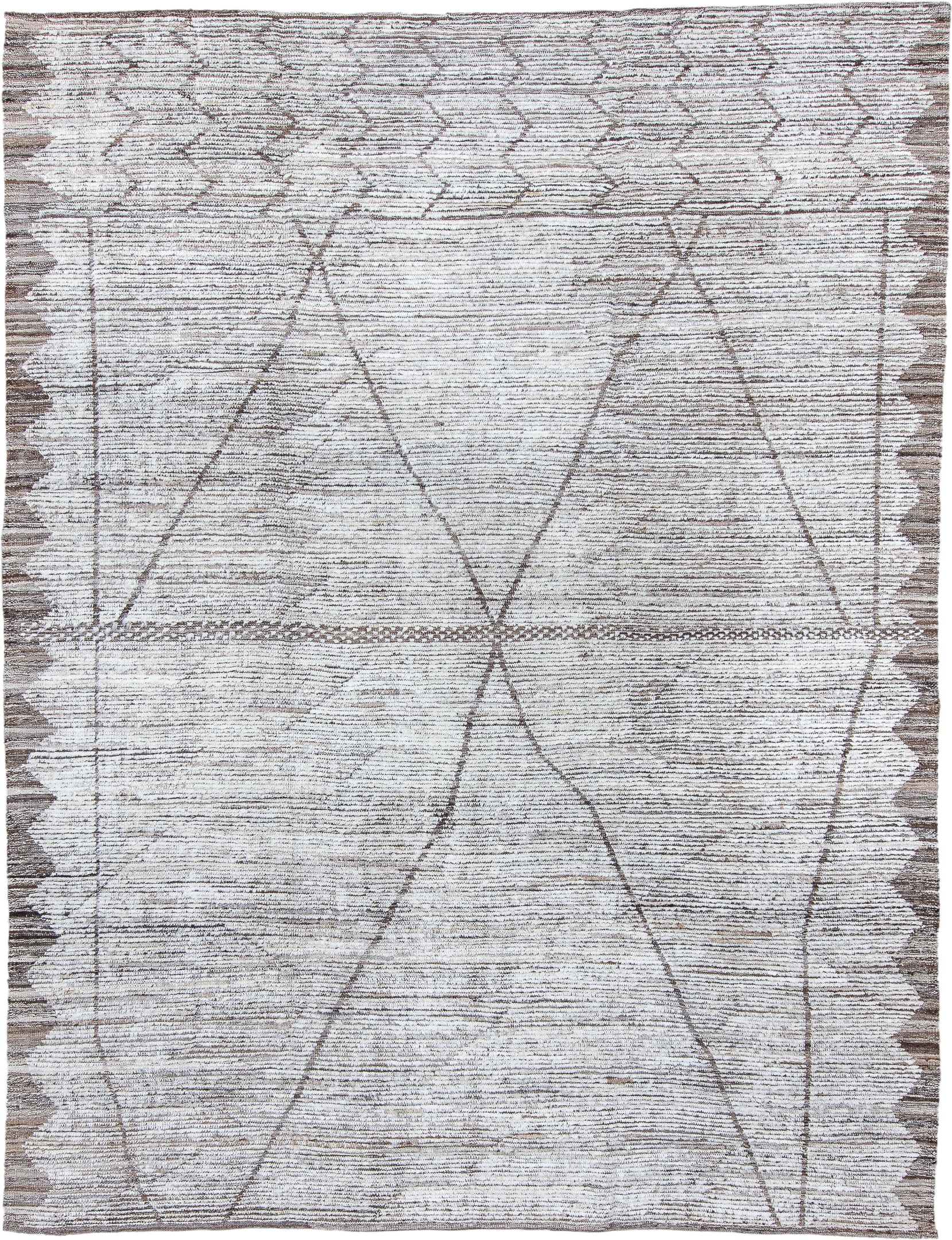 9' x 12' one-of-a-kind handmade vintage Tulu large size rug. Color palette: ivory, taupe, brown, cream, beige, gray