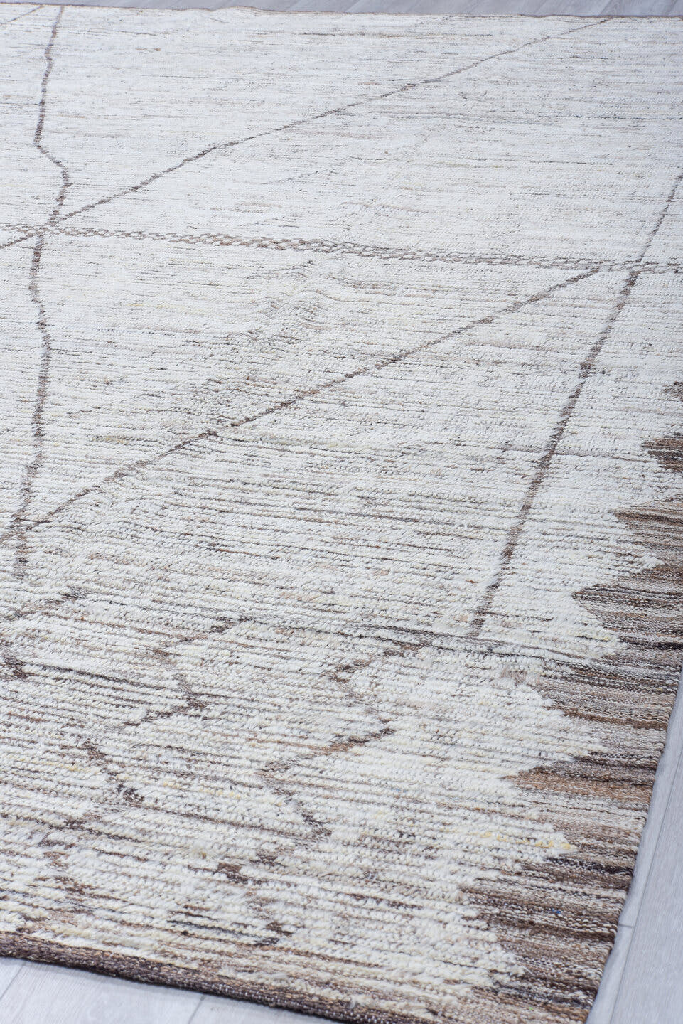 9' x 12' one-of-a-kind handmade vintage Tulu large size rug. Color palette: ivory, taupe, brown, cream, beige, gray