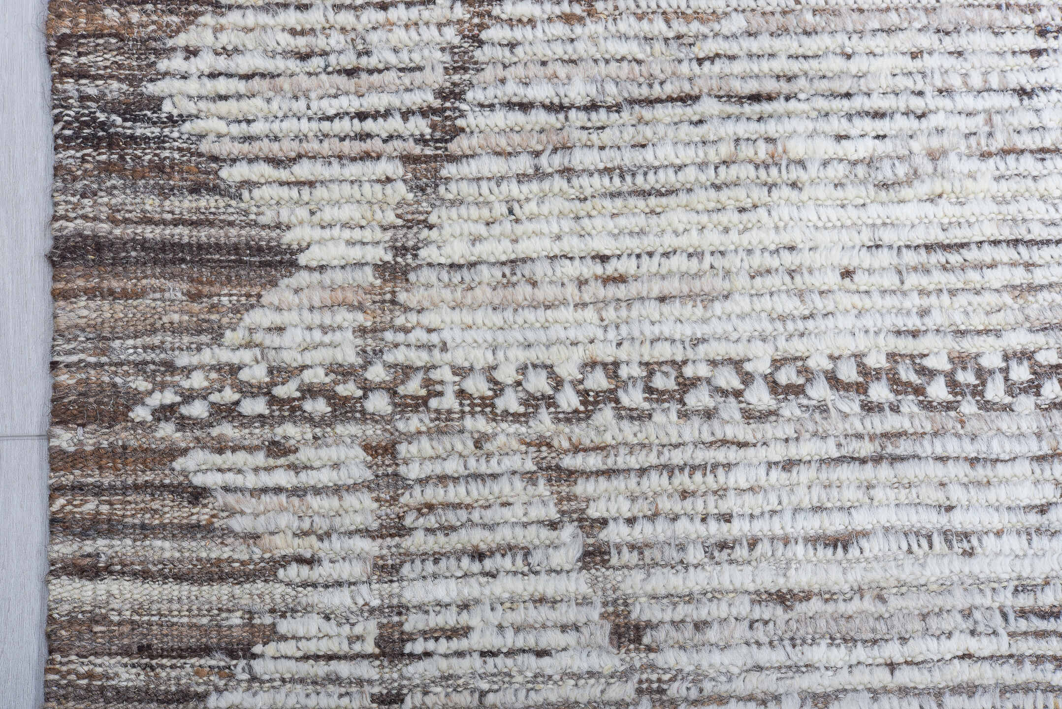 9' x 12' one-of-a-kind handmade vintage Tulu large size rug. Color palette: ivory, taupe, brown, cream, beige, gray