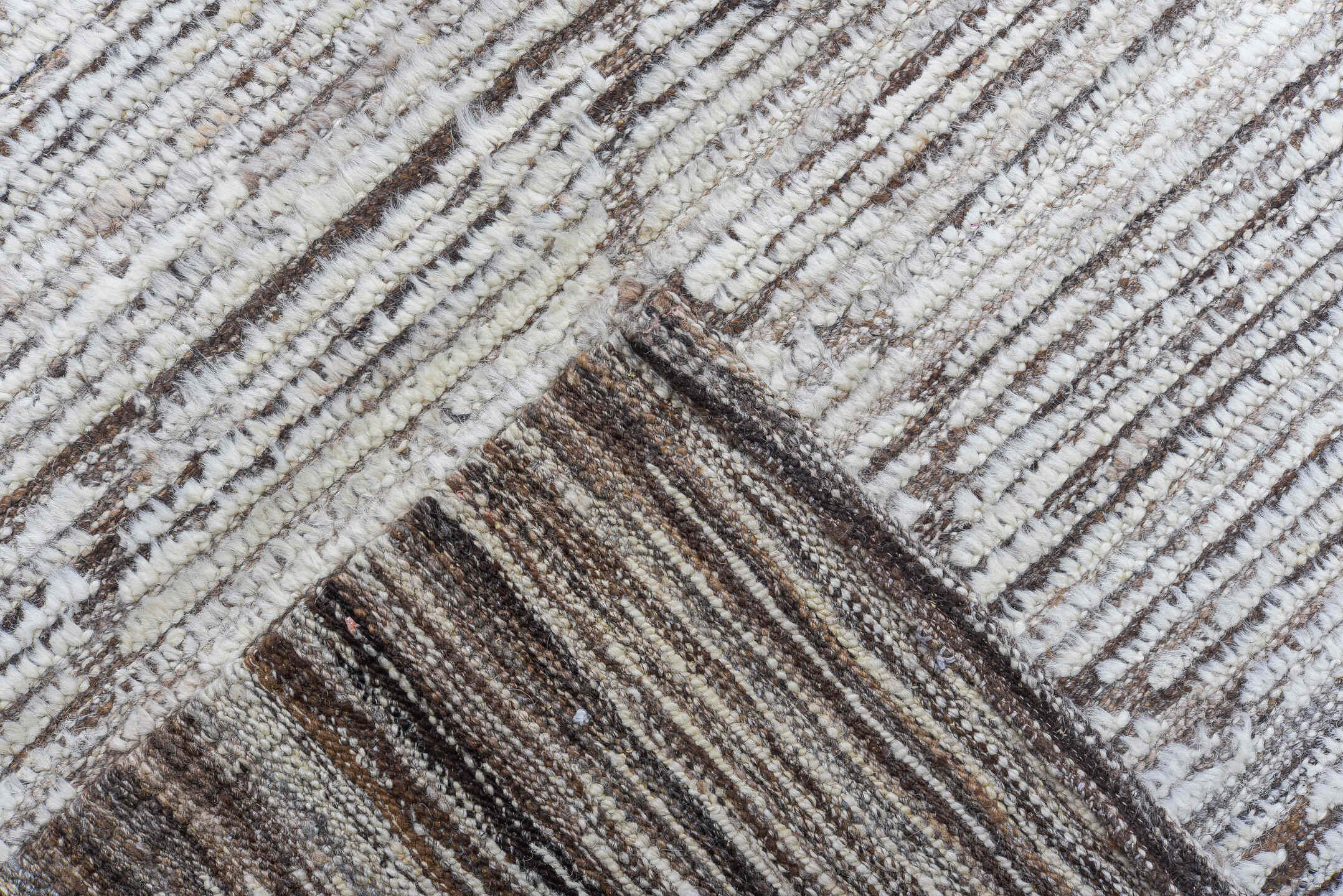 9' x 12' one-of-a-kind handmade vintage Tulu large size rug. Color palette: ivory, taupe, brown, cream, beige, gray