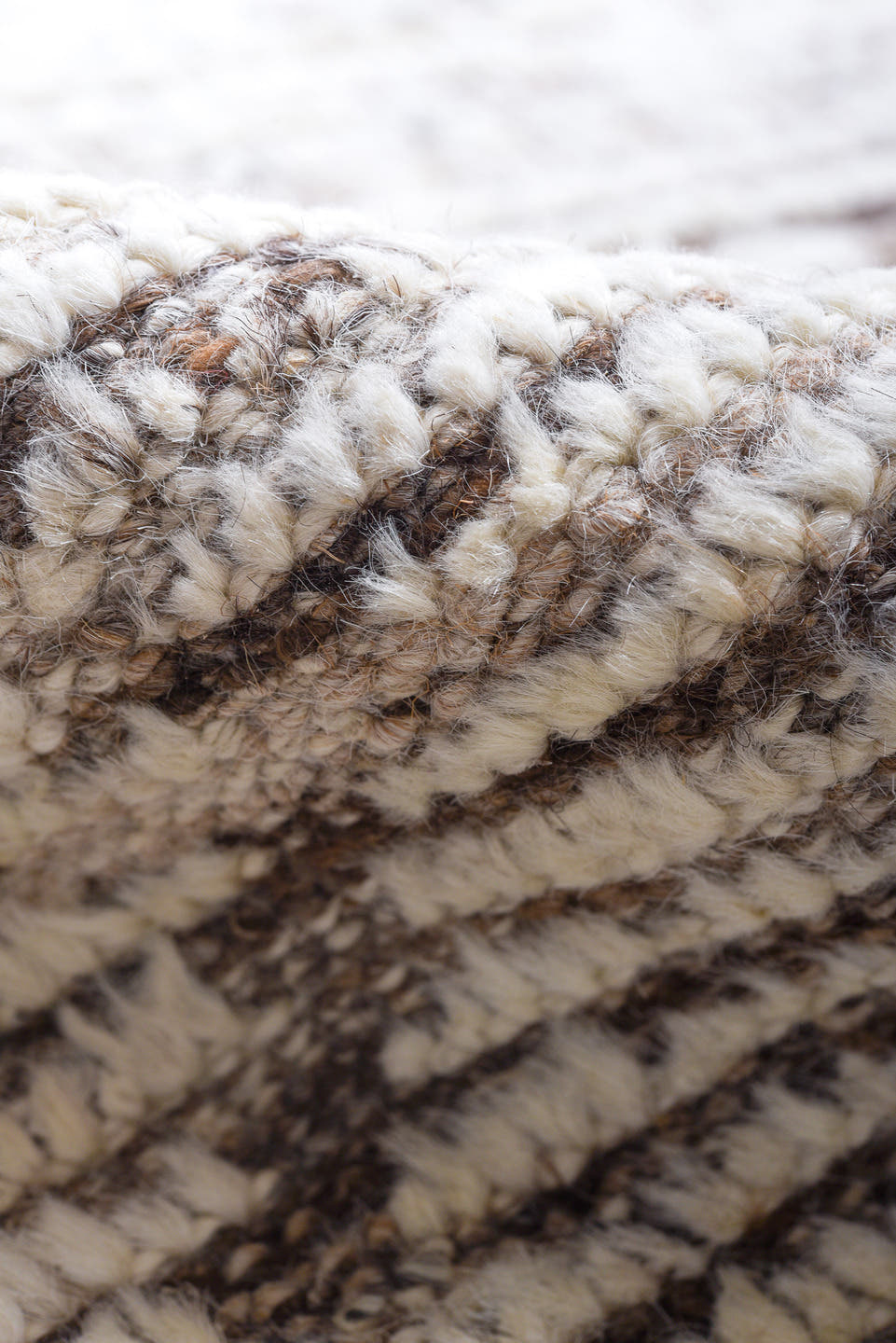 9' x 12' one-of-a-kind handmade vintage Tulu large size rug. Color palette: ivory, taupe, brown, cream, beige, gray