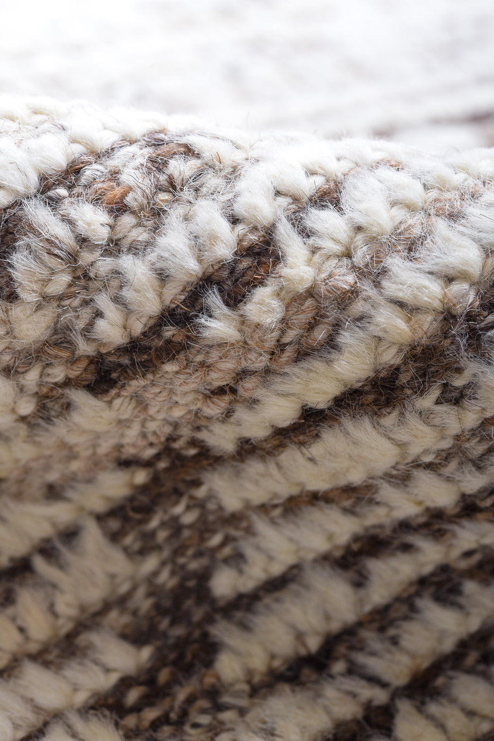 9' x 12' one-of-a-kind handmade vintage Tulu large size rug. Color palette: ivory, taupe, brown, cream, beige, gray