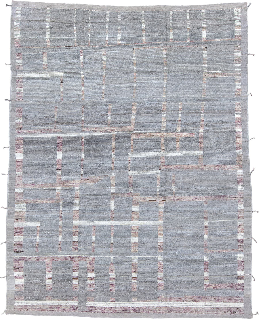 8' x 10' one-of-a-kind handmade vintage Tulu large size rug. Color palette: gray, ivory, rose, taupe, pink, red, beige