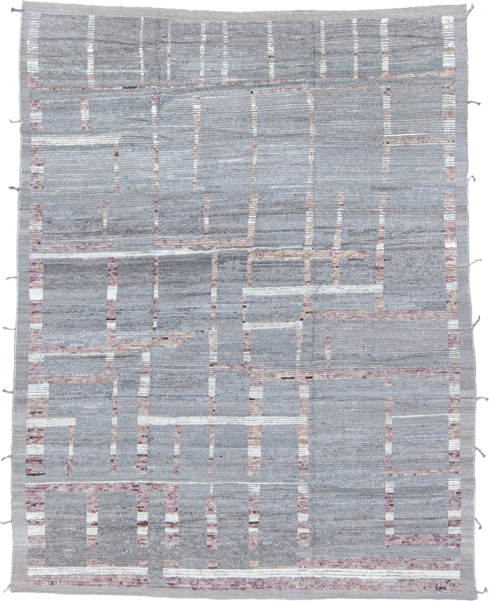 8' x 10' one-of-a-kind handmade vintage Tulu large size rug. Color palette: gray, ivory, rose, taupe, pink, red, beige