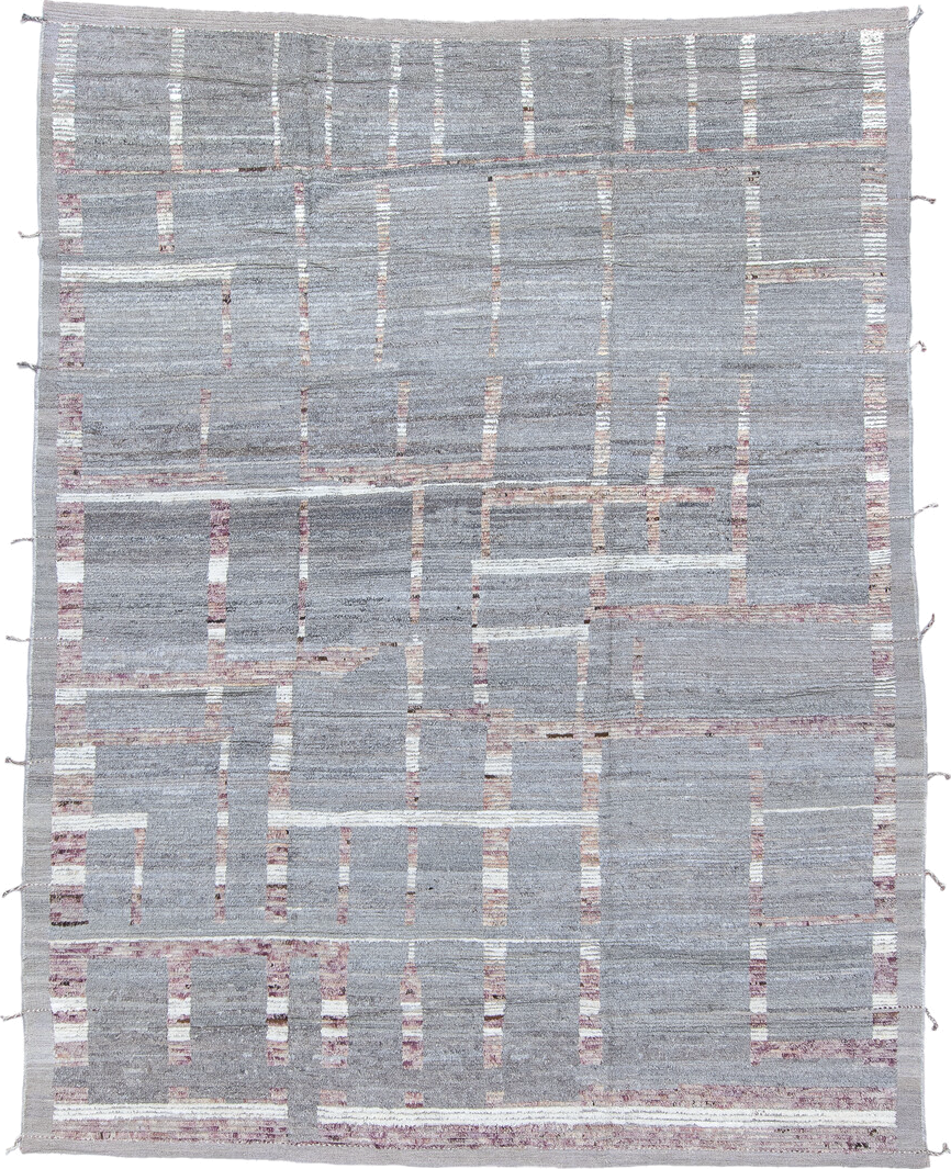 8' x 10' one-of-a-kind handmade vintage Tulu large size rug. Color palette: gray, ivory, rose, taupe, pink, red, beige