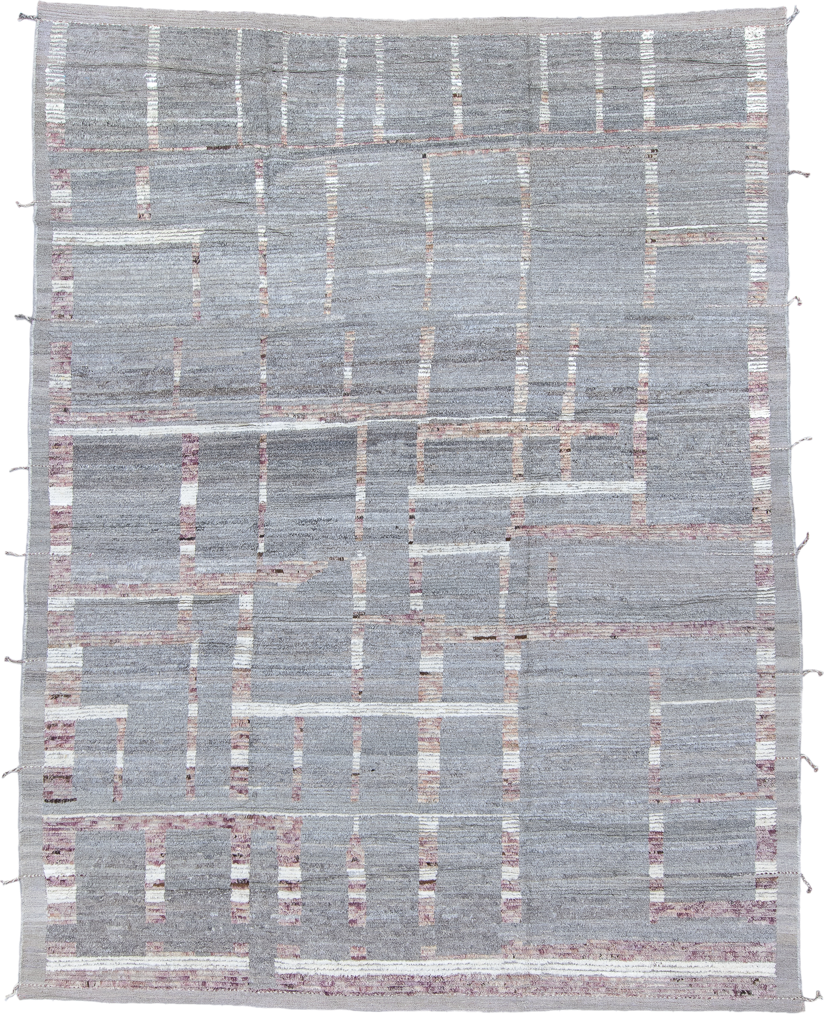 8' x 10' one-of-a-kind handmade vintage Tulu large size rug. Color palette: gray, ivory, rose, taupe, pink, red, beige