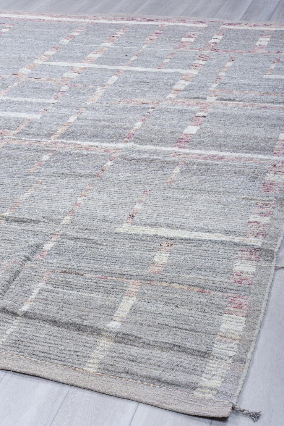 8' x 10' one-of-a-kind handmade vintage Tulu large size rug. Color palette: gray, ivory, rose, taupe, pink, red, beige