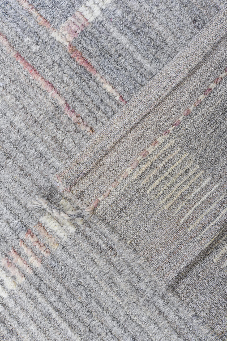8' x 10' one-of-a-kind handmade vintage Tulu large size rug. Color palette: gray, ivory, rose, taupe, pink, red, beige