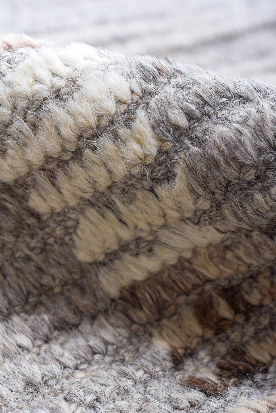 8' x 10' one-of-a-kind handmade vintage Tulu large size rug. Color palette: gray, ivory, rose, taupe, pink, red, beige