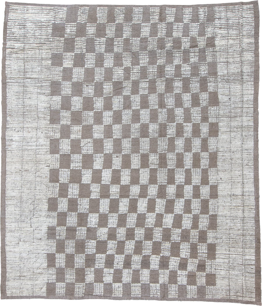 10' x 12' one-of-a-kind handmade vintage Tulu large size rug. Color palette: ivory, taupe, gray, cream, beige