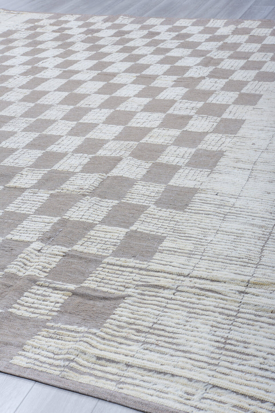 10' x 12' one-of-a-kind handmade vintage Tulu large size rug. Color palette: ivory, taupe, gray, cream, beige