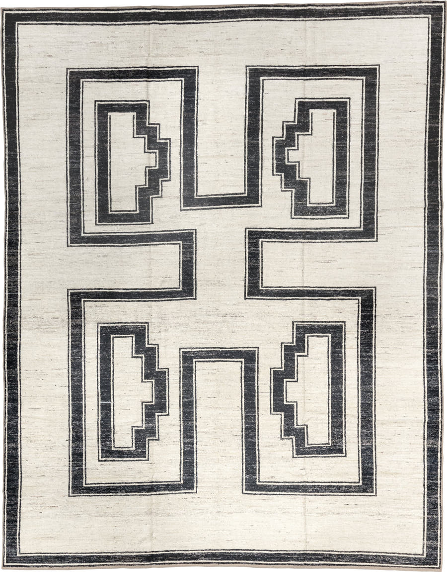 9' x 11' one-of-a-kind handmade vintage Tulu large size rug. Color palette: ivory, charcoal, cream, taupe, black, gray