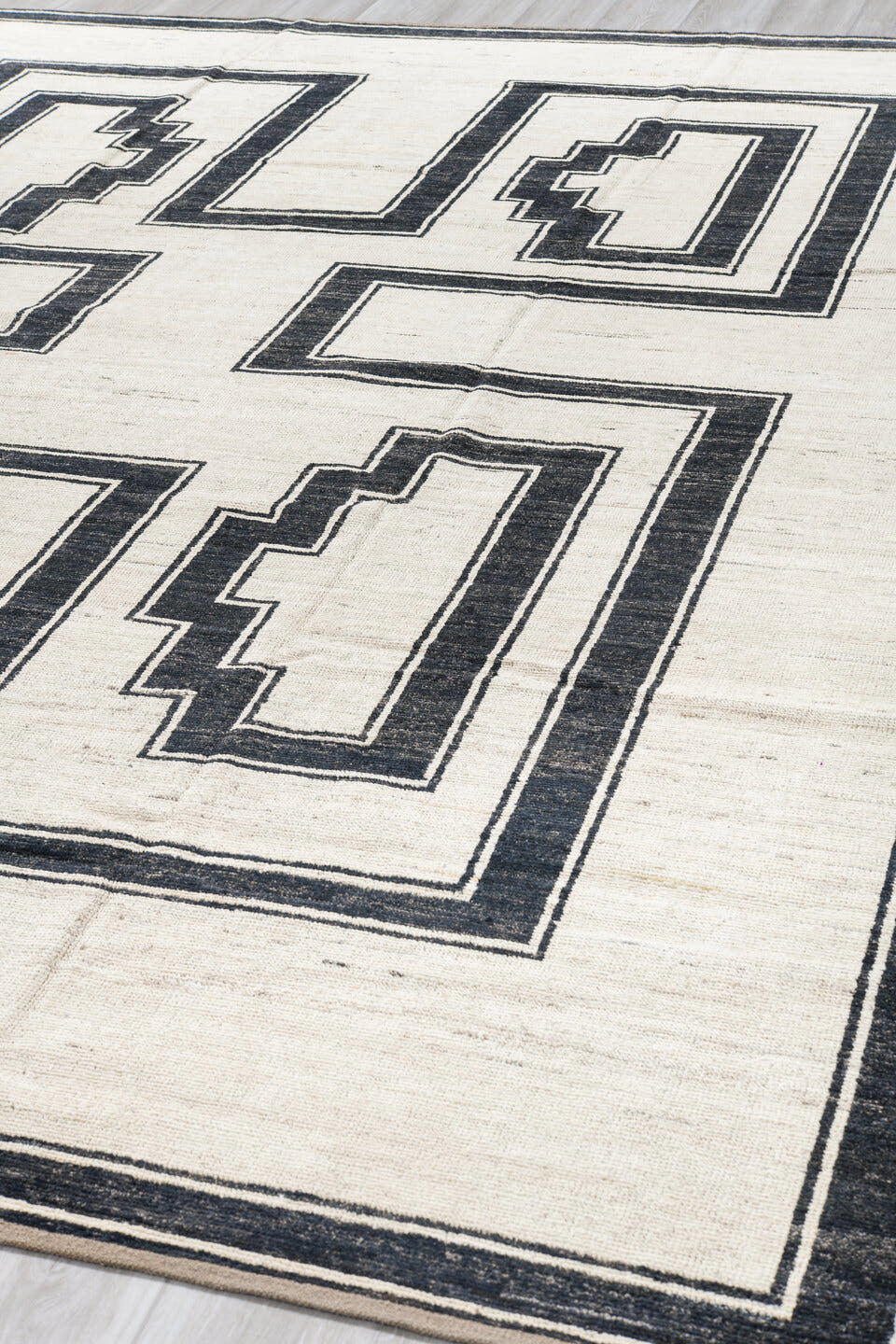 9' x 11' one-of-a-kind handmade vintage Tulu large size rug. Color palette: ivory, charcoal, cream, taupe, black, gray