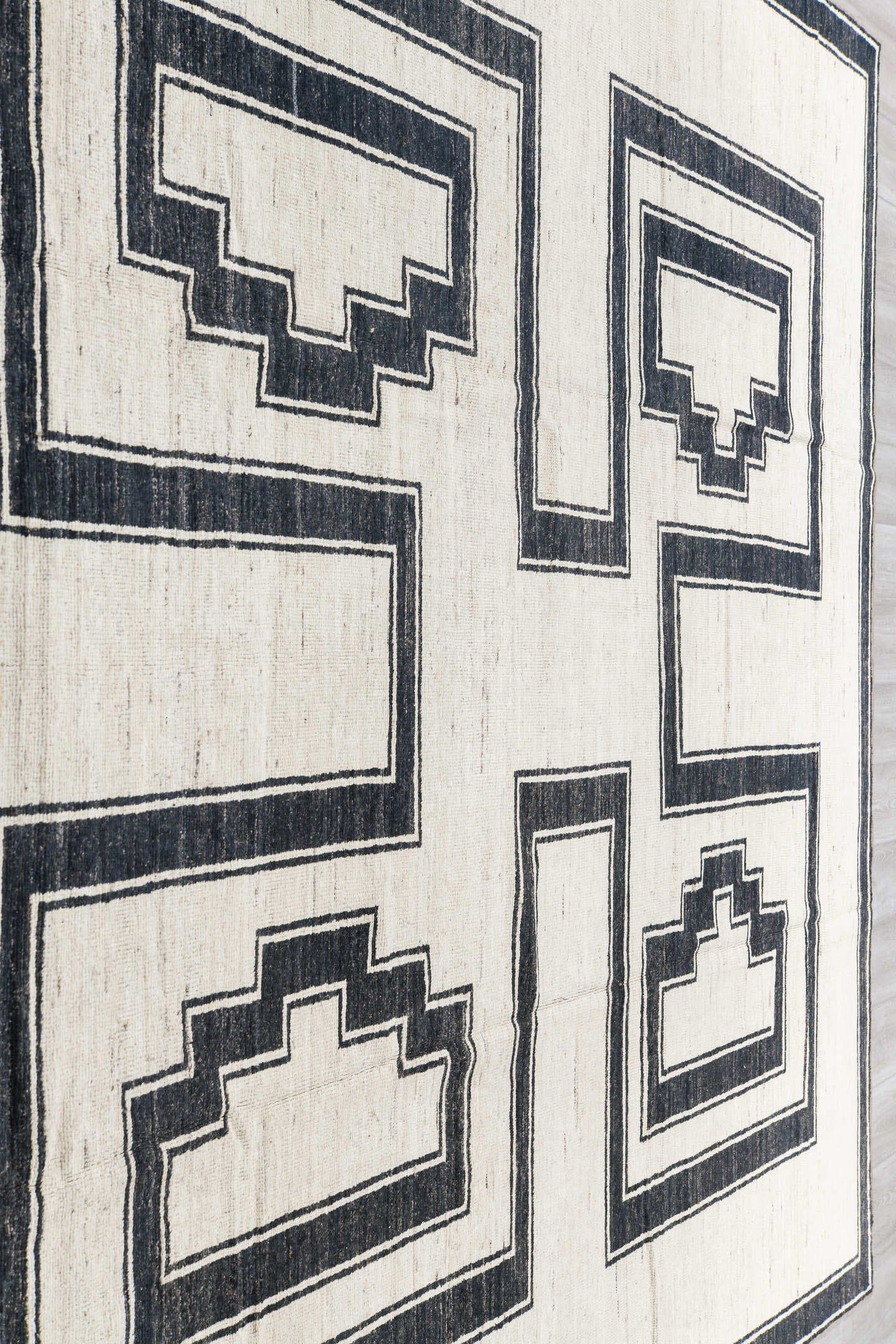 9' x 11' one-of-a-kind handmade vintage Tulu large size rug. Color palette: ivory, charcoal, cream, taupe, black, gray