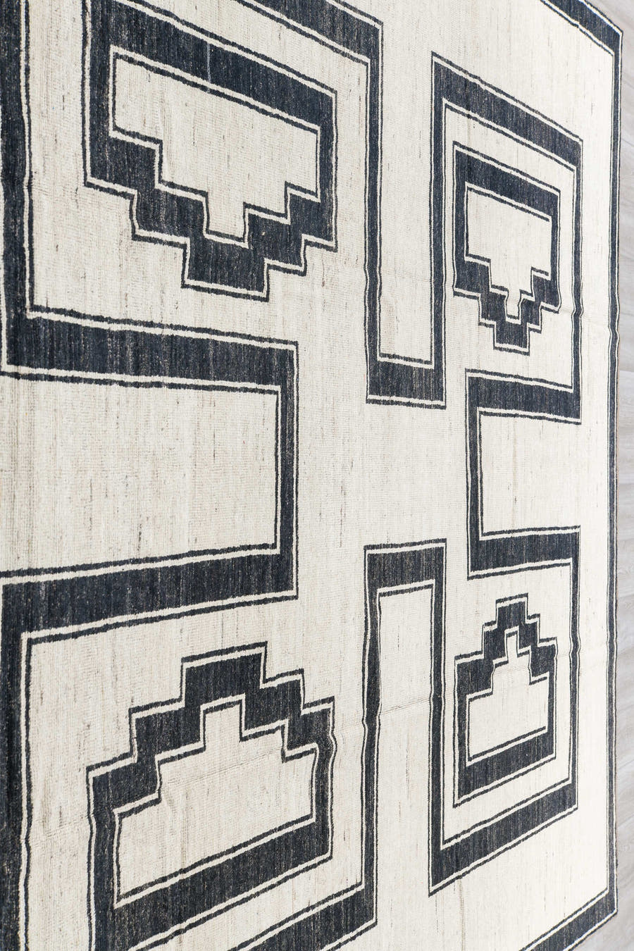 9' x 11' one-of-a-kind handmade vintage Tulu large size rug. Color palette: ivory, charcoal, cream, taupe, black, gray