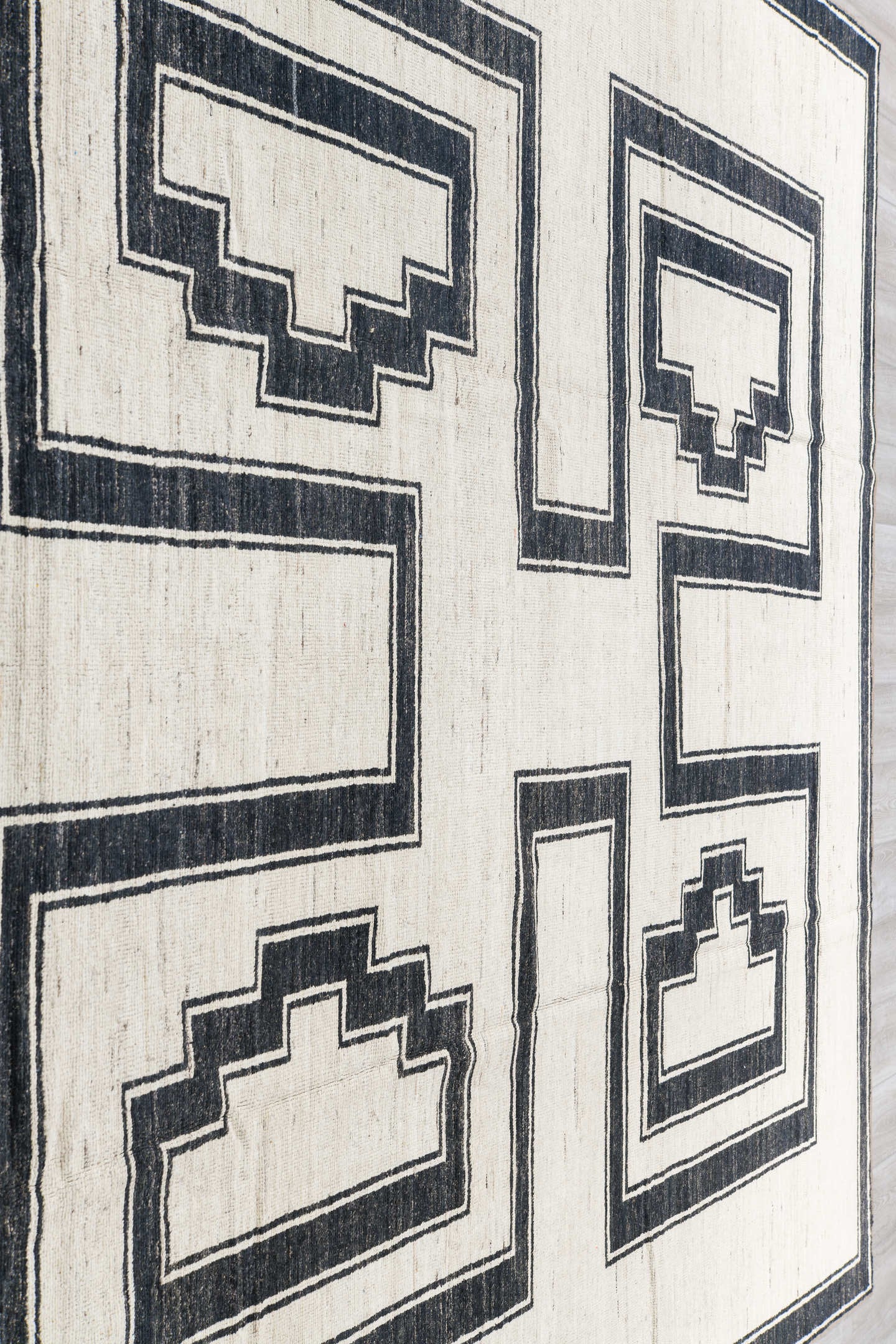 9' x 11' one-of-a-kind handmade vintage Tulu large size rug. Color palette: ivory, charcoal, cream, taupe, black, gray