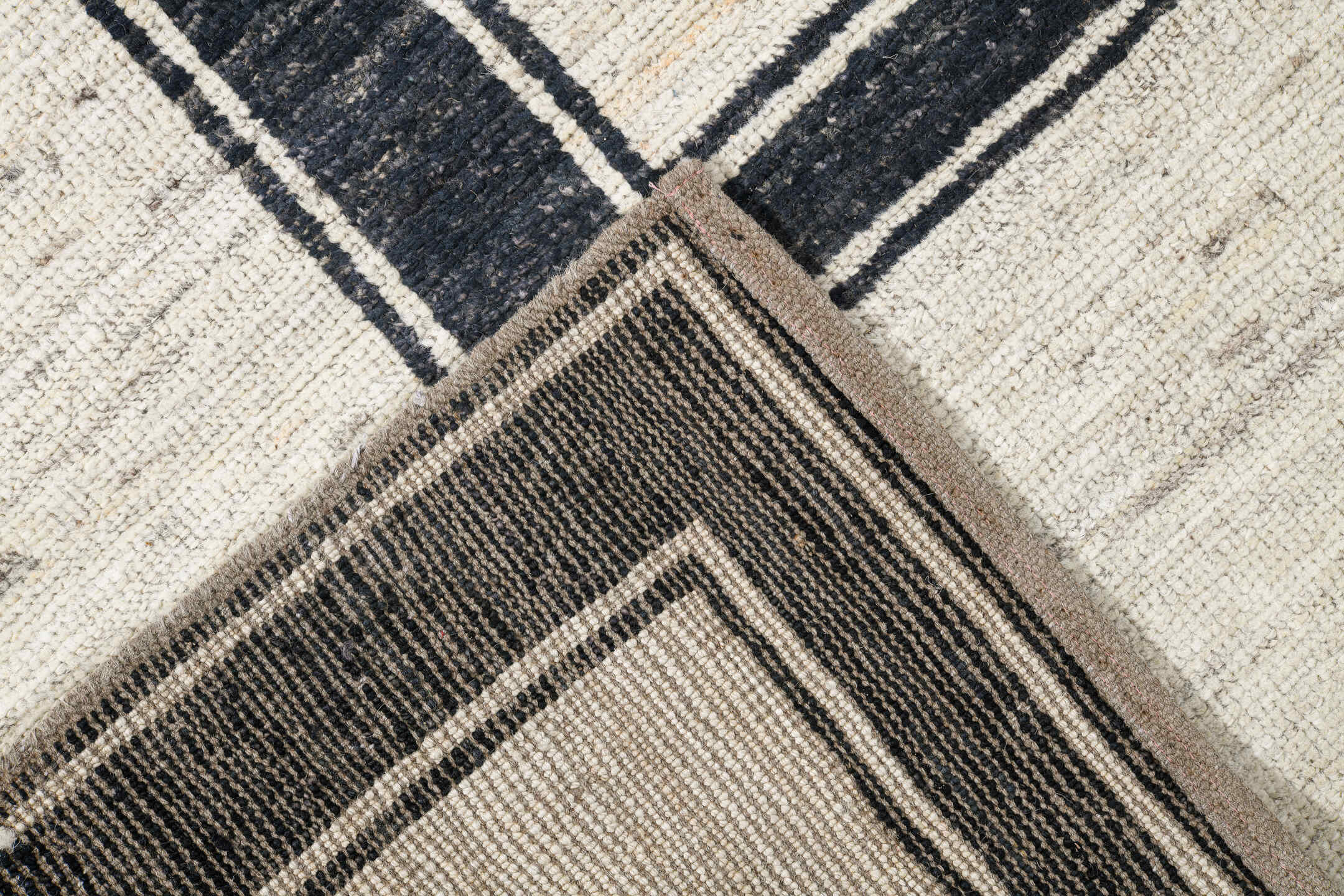 9' x 11' one-of-a-kind handmade vintage Tulu large size rug. Color palette: ivory, charcoal, cream, taupe, black, gray
