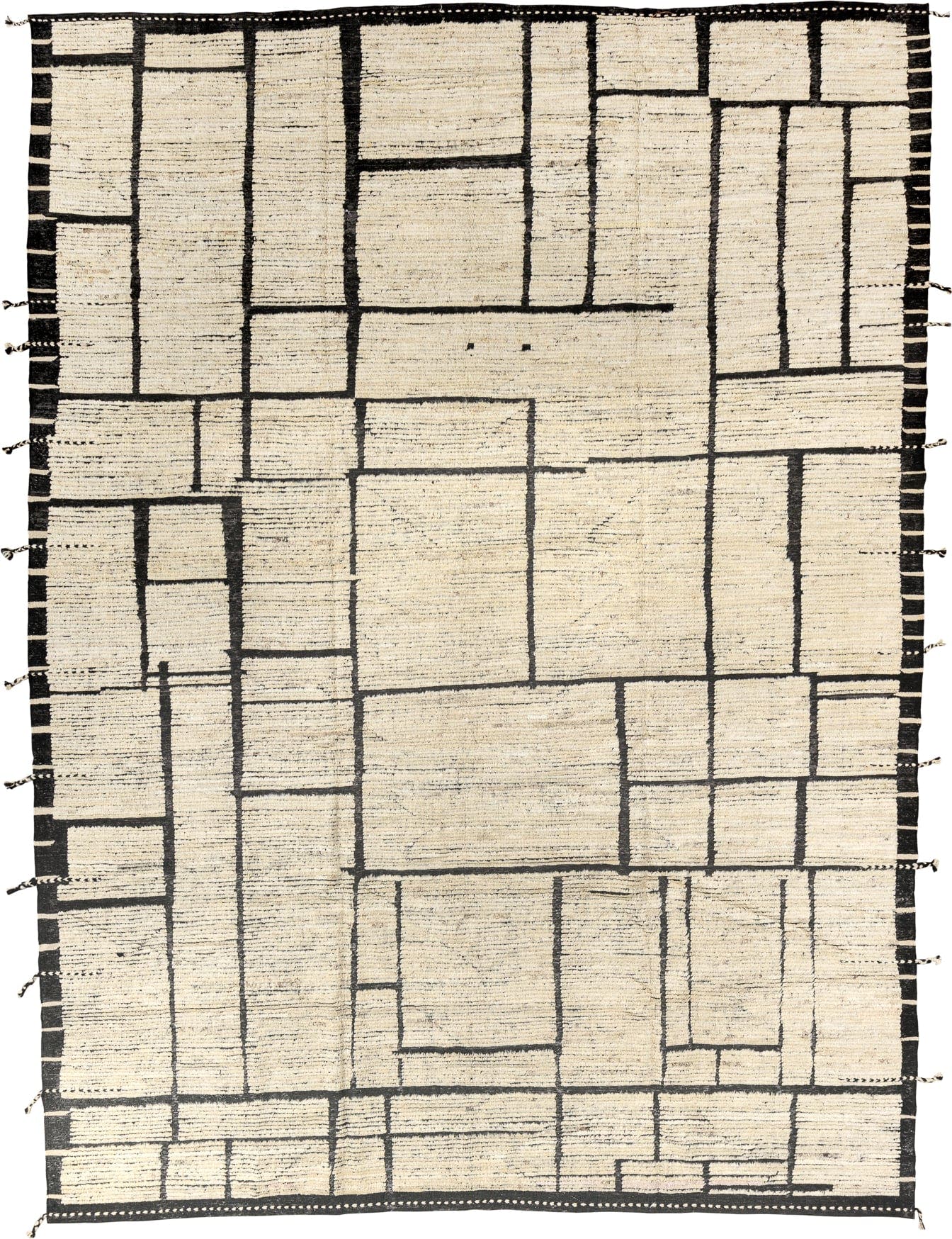 9' x 12' one-of-a-kind handmade vintage Tulu large size rug. Color palette: ivory, black, charcoal, cream, gray