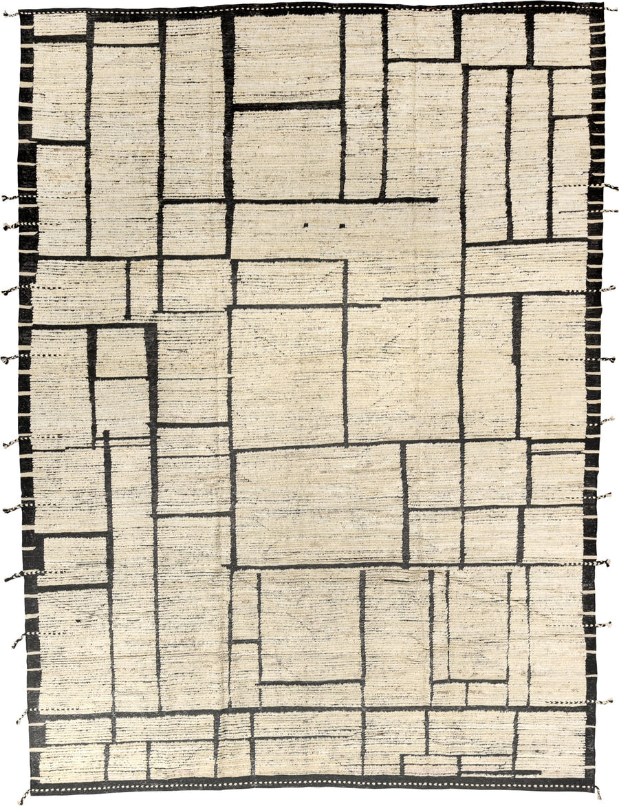 9' x 12' one-of-a-kind handmade vintage Tulu large size rug. Color palette: ivory, black, charcoal, cream, gray