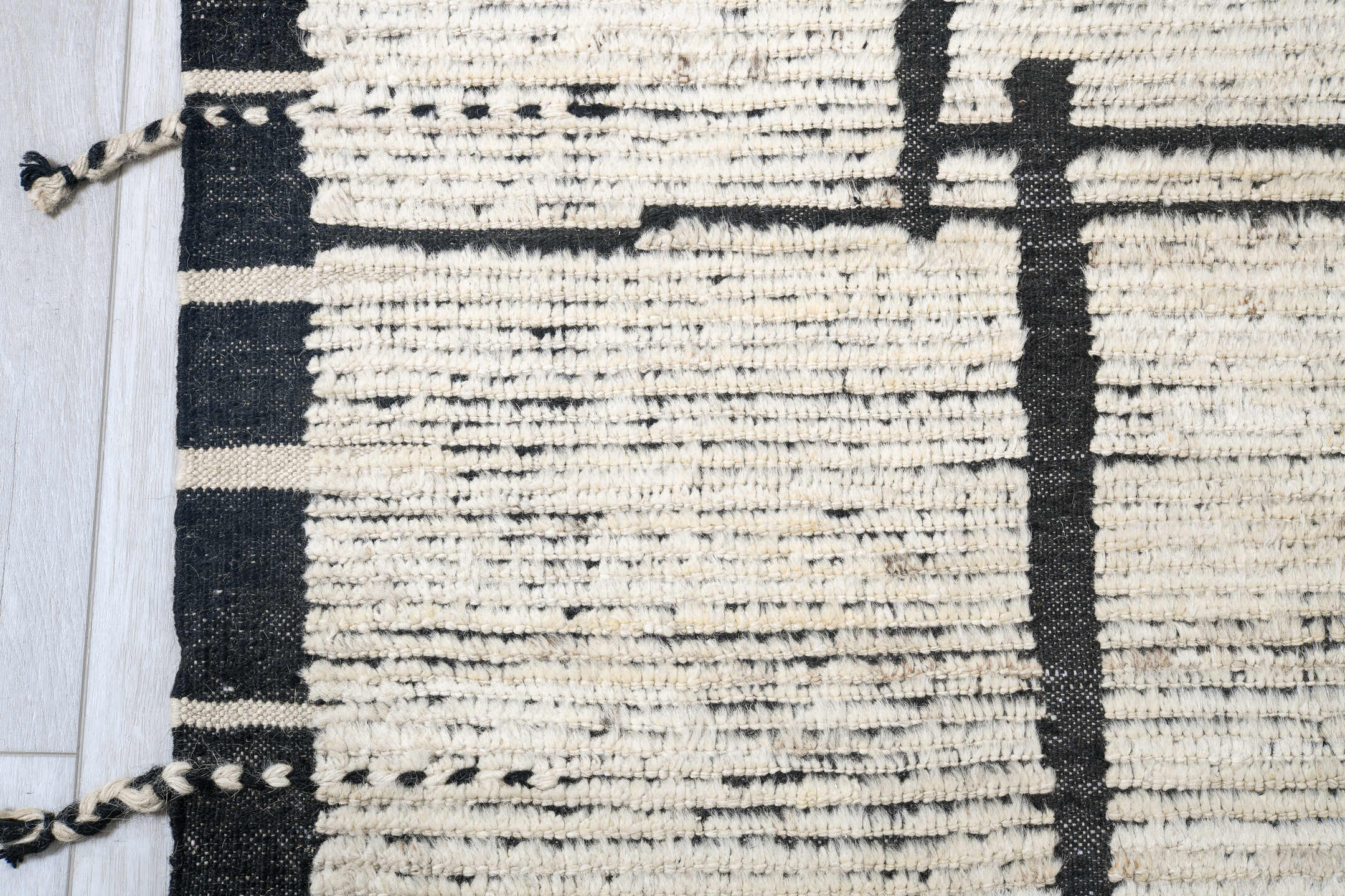 9' x 12' one-of-a-kind handmade vintage Tulu large size rug. Color palette: ivory, black, charcoal, cream, gray