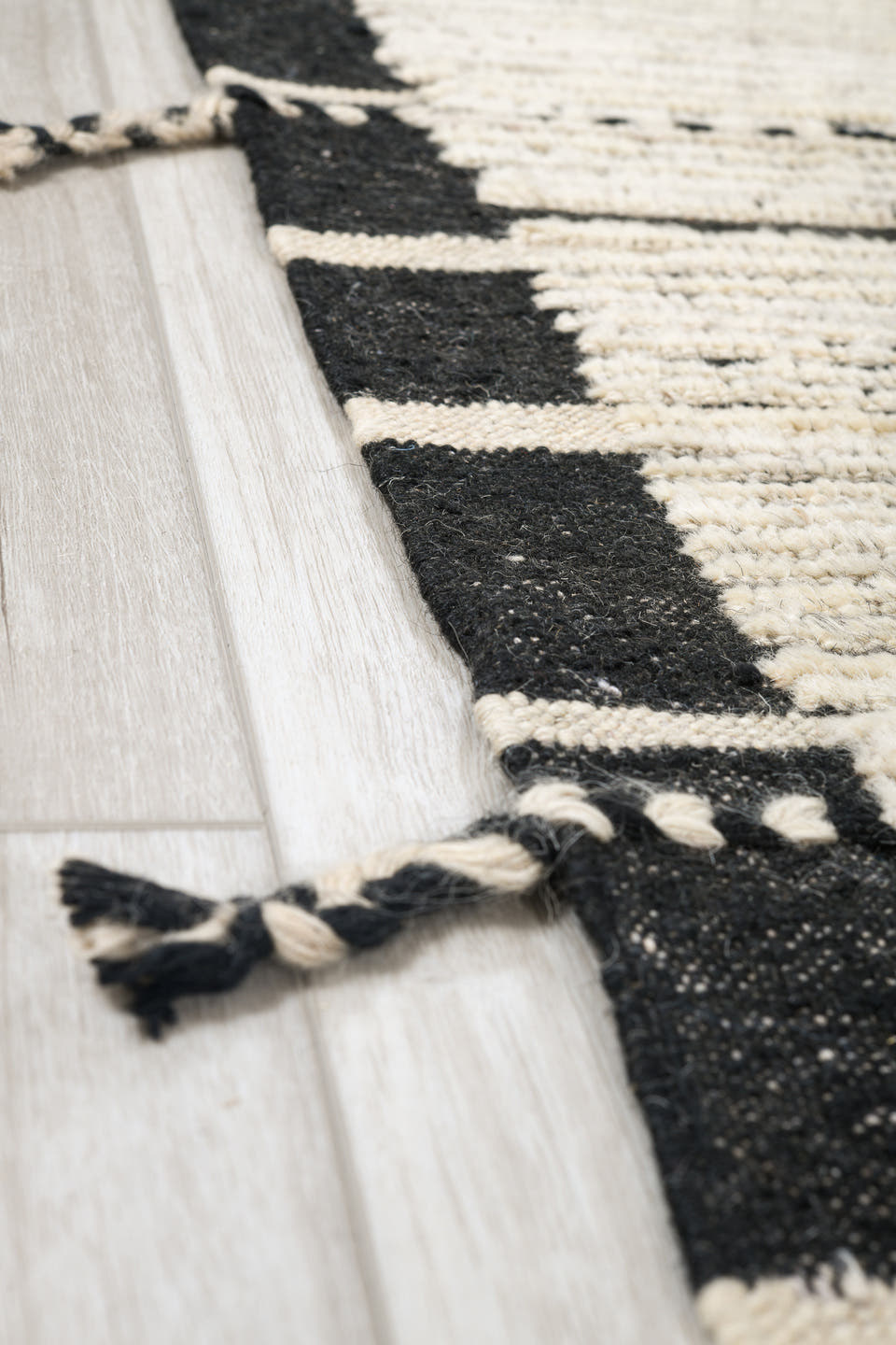 9' x 12' one-of-a-kind handmade vintage Tulu large size rug. Color palette: ivory, black, charcoal, cream, gray