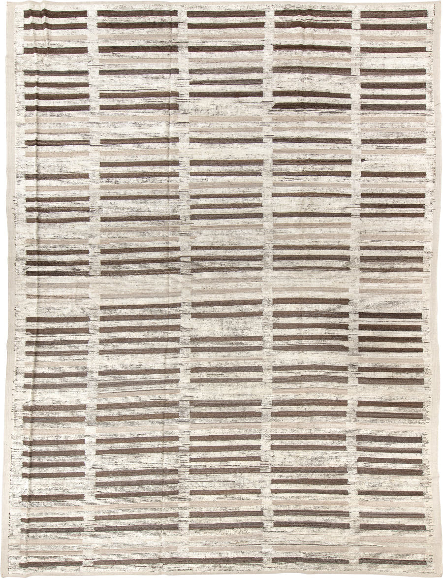 10' x 14' one-of-a-kind handmade vintage Tulu oversize rug. Color palette: ivory, taupe, brown, charcoal, gray, cream, beige