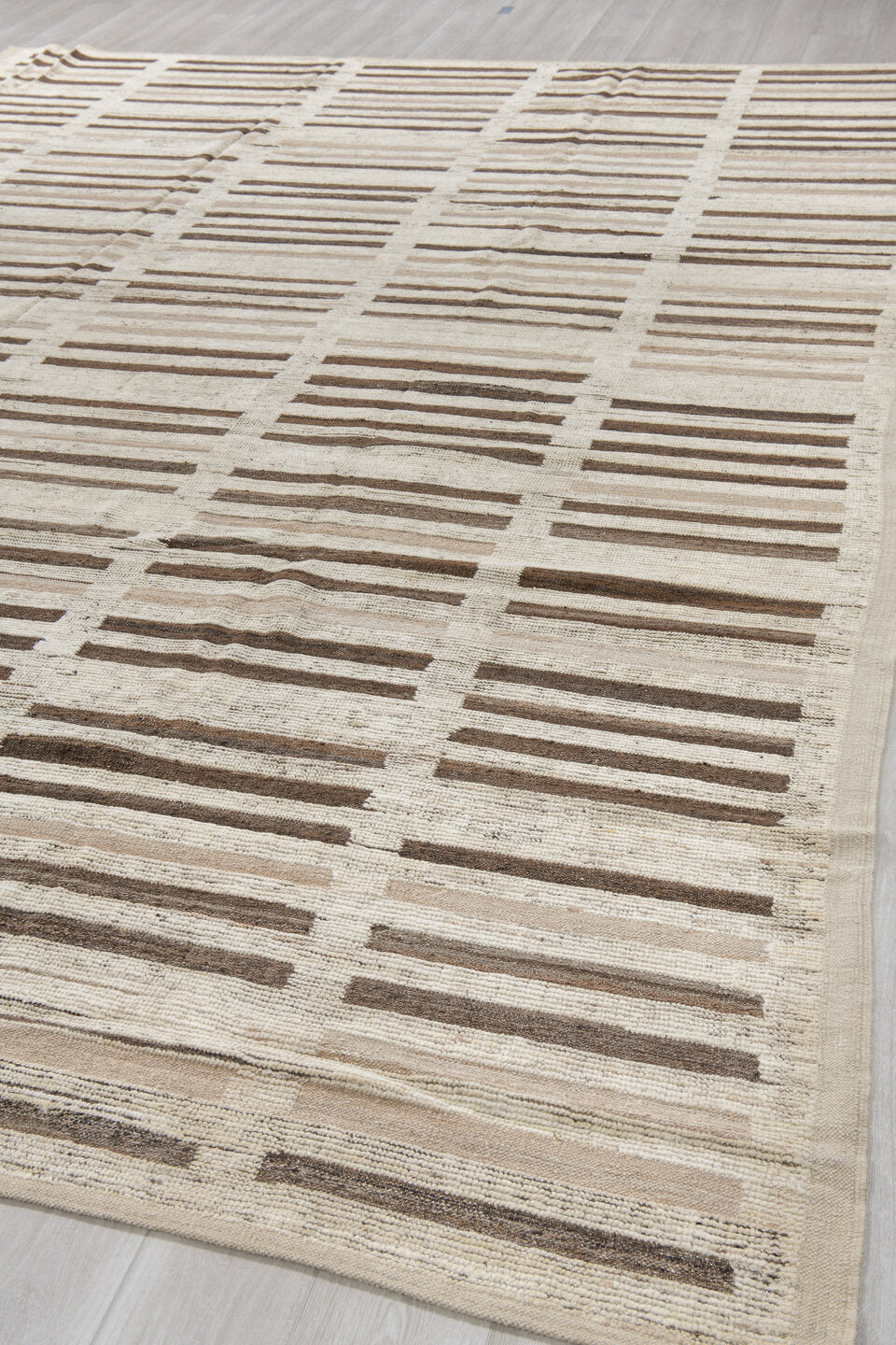 10' x 14' one-of-a-kind handmade vintage Tulu oversize rug. Color palette: ivory, taupe, brown, charcoal, gray, cream, beige