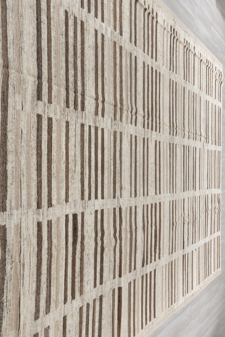 10' x 14' one-of-a-kind handmade vintage Tulu oversize rug. Color palette: ivory, taupe, brown, charcoal, gray, cream, beige