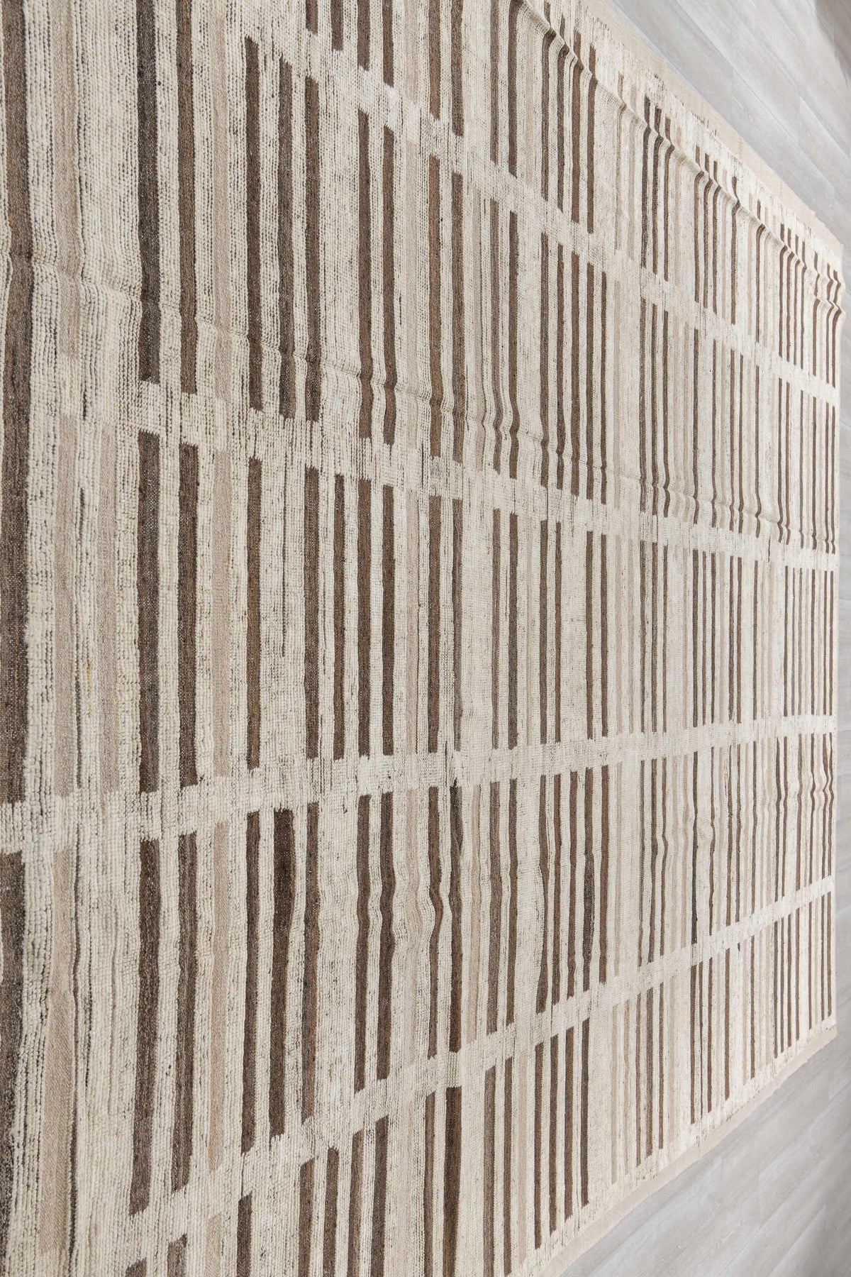 10' x 14' one-of-a-kind handmade vintage Tulu oversize rug. Color palette: ivory, taupe, brown, charcoal, gray, cream, beige