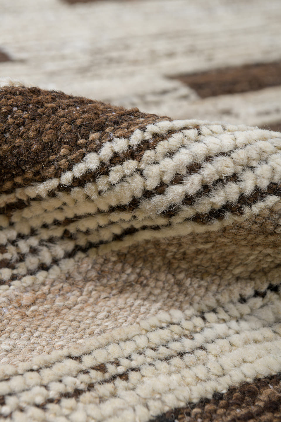 10' x 14' one-of-a-kind handmade vintage Tulu oversize rug. Color palette: ivory, taupe, brown, charcoal, gray, cream, beige